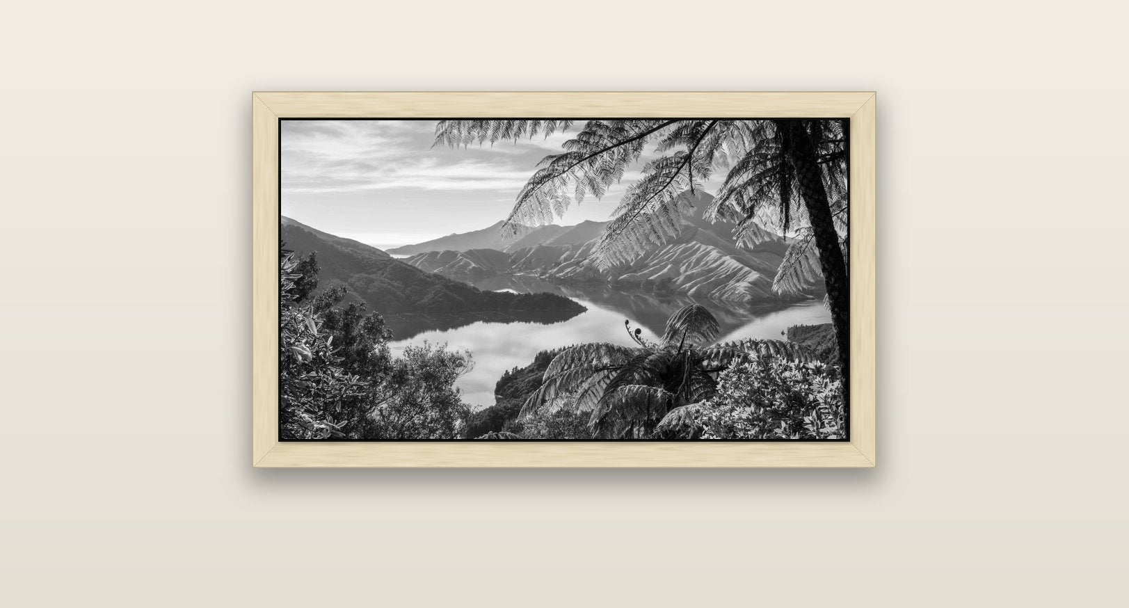 Nature's Window to Devils Staircase, Marlborough Sounds — natural float frame canvas, 81 × 46 cm. New Zealand fine art landscape wall art by Stephen Milner.