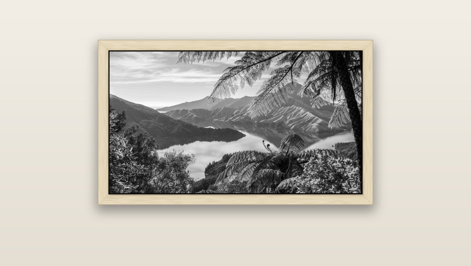 Nature's Window to Devils Staircase, Marlborough Sounds — natural float frame canvas, 91 × 51 cm. New Zealand fine art landscape wall art by Stephen Milner.