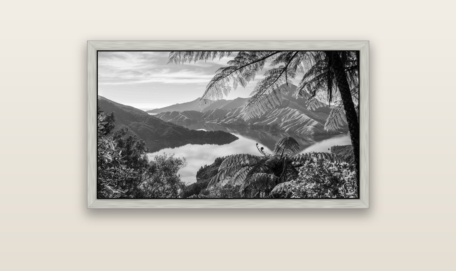Nature's Window to Devils Staircase, Marlborough Sounds — silver float frame canvas, 102 × 56 cm. New Zealand fine art landscape wall art by Stephen Milner.