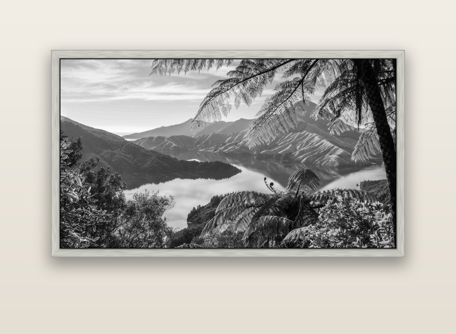Nature's Window to Devils Staircase, Marlborough Sounds — silver float frame canvas, 152 × 86 cm. New Zealand fine art landscape wall art by Stephen Milner.