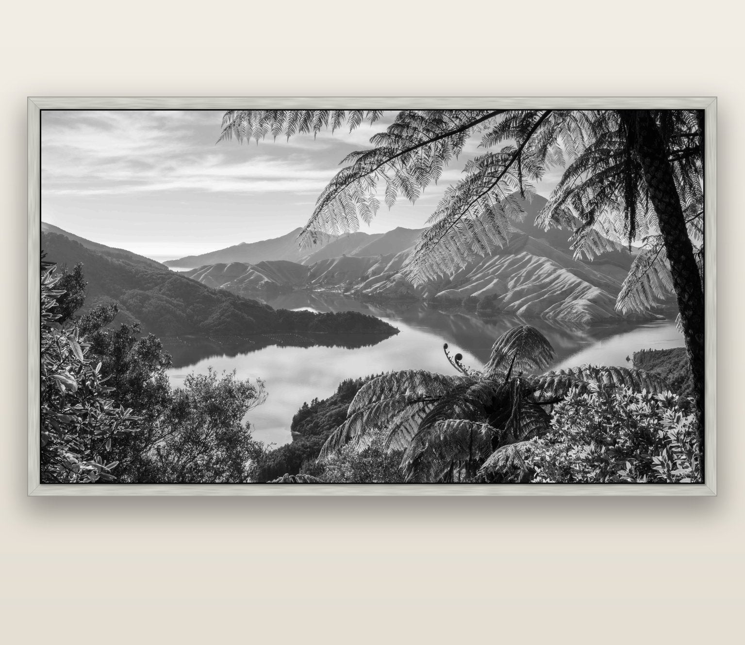 Nature's Window to Devils Staircase, Marlborough Sounds — silver float frame canvas, 200 × 130 cm. New Zealand fine art landscape wall art by Stephen Milner.