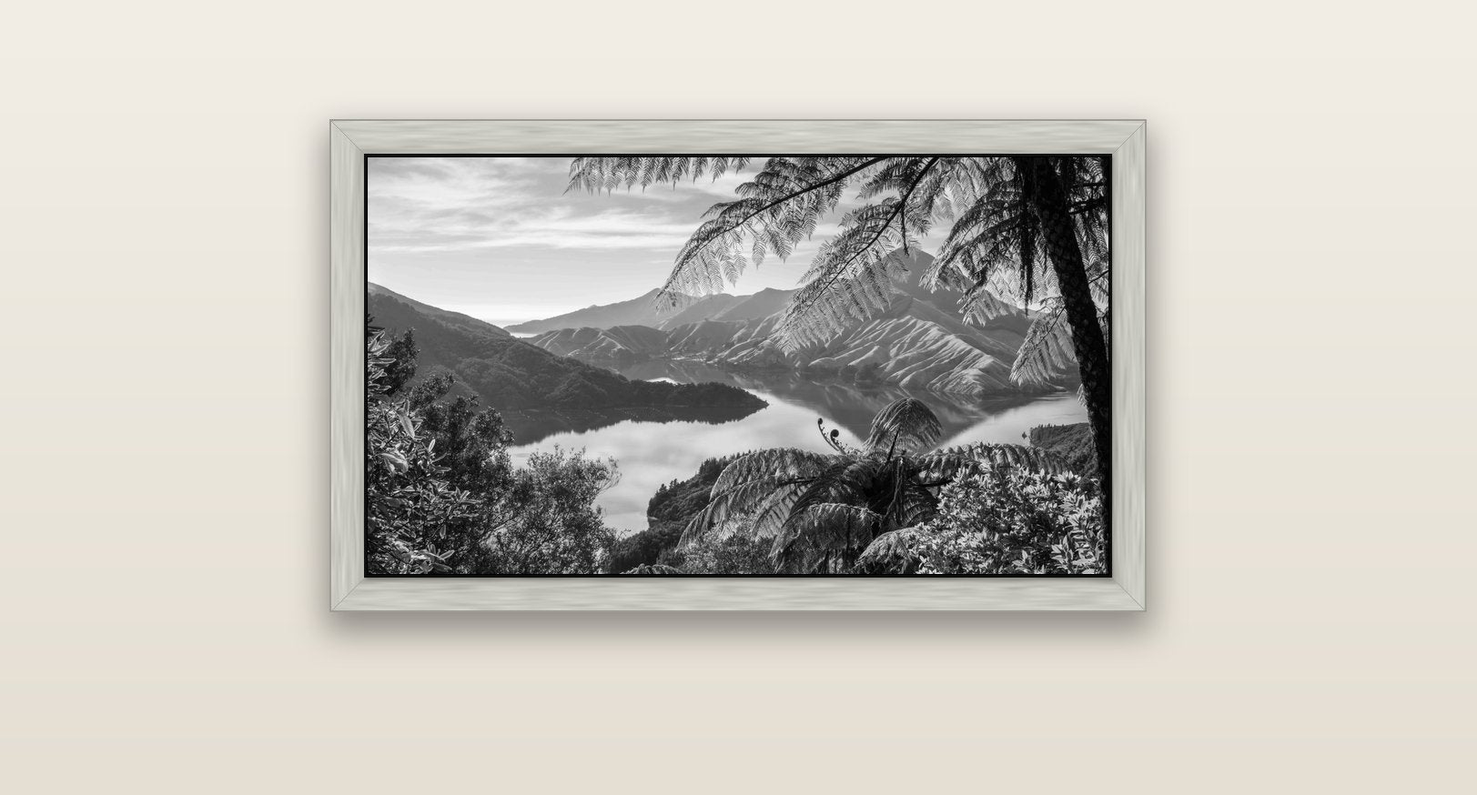 Nature's Window to Devils Staircase, Marlborough Sounds — silver float frame canvas, 81 × 46 cm. New Zealand fine art landscape wall art by Stephen Milner.