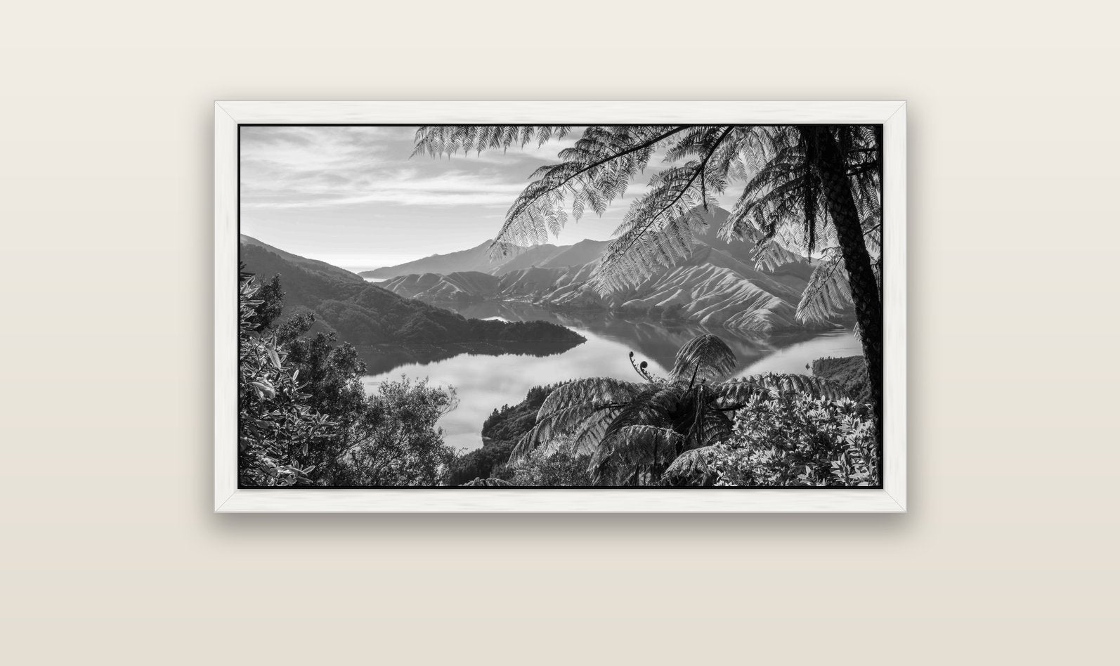 Nature's Window to Devils Staircase, Marlborough Sounds — white float frame canvas, 102 × 56 cm. New Zealand fine art landscape wall art by Stephen Milner.
