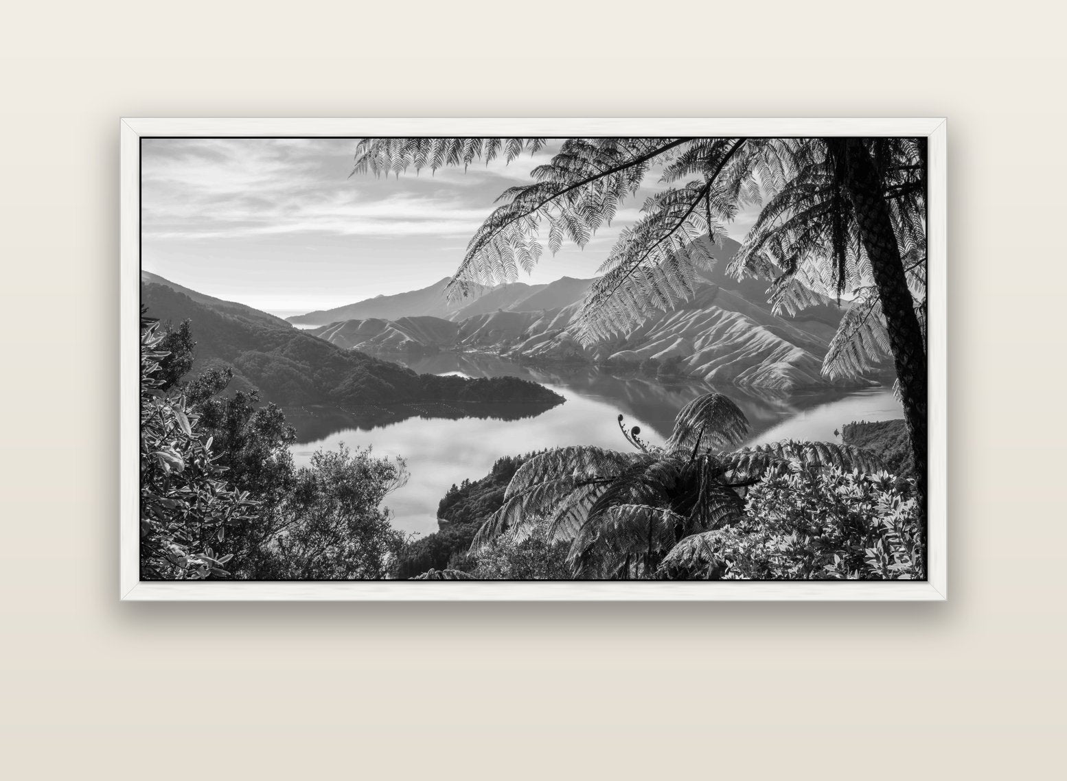 Nature's Window to Devils Staircase, Marlborough Sounds — white float frame canvas, 152 × 86 cm. New Zealand fine art landscape wall art by Stephen Milner.