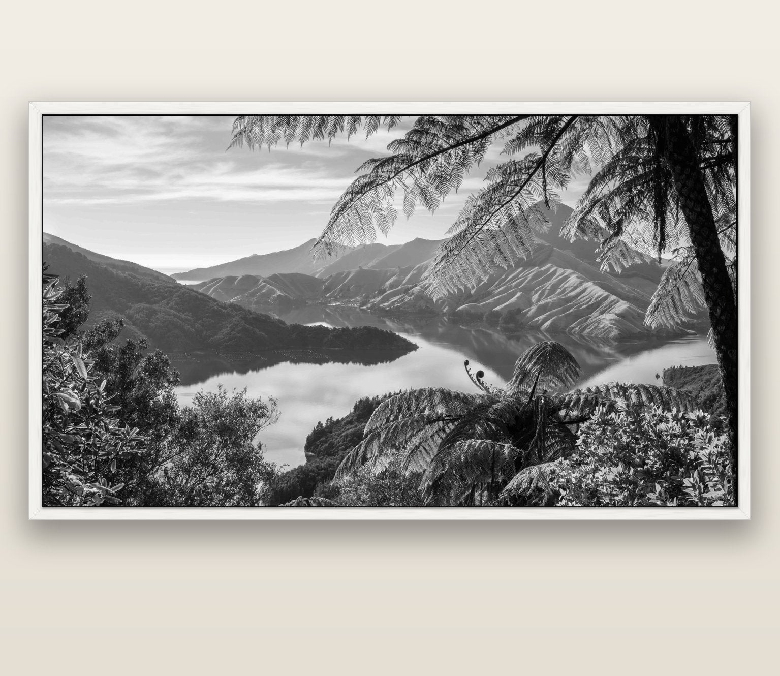 Nature's Window to Devils Staircase, Marlborough Sounds — white float frame canvas, 200 × 130 cm. New Zealand fine art landscape wall art by Stephen Milner.