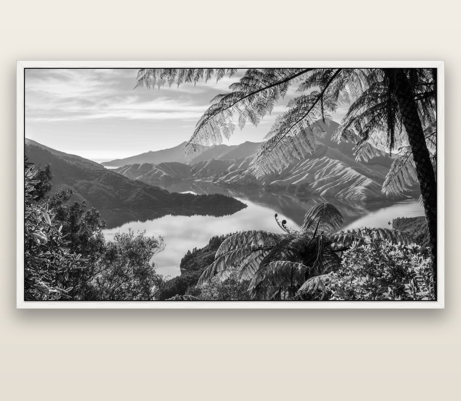 Nature's Window to Devils Staircase, Marlborough Sounds — white float frame canvas, 201 × 99 cm. New Zealand fine art landscape wall art by Stephen Milner.