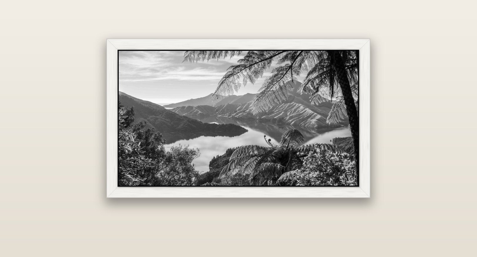Nature's Window to Devils Staircase, Marlborough Sounds — white float frame canvas, 81 × 46 cm. New Zealand fine art landscape wall art by Stephen Milner.