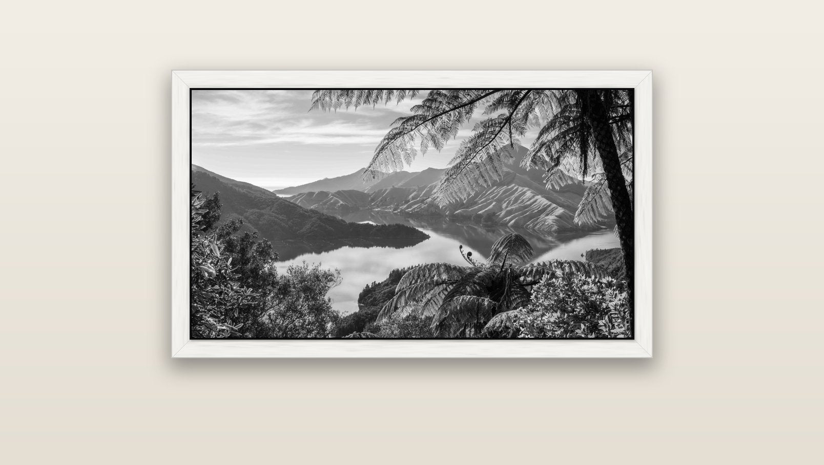 Nature's Window to Devils Staircase, Marlborough Sounds — white float frame canvas, 91 × 51 cm. New Zealand fine art landscape wall art by Stephen Milner.