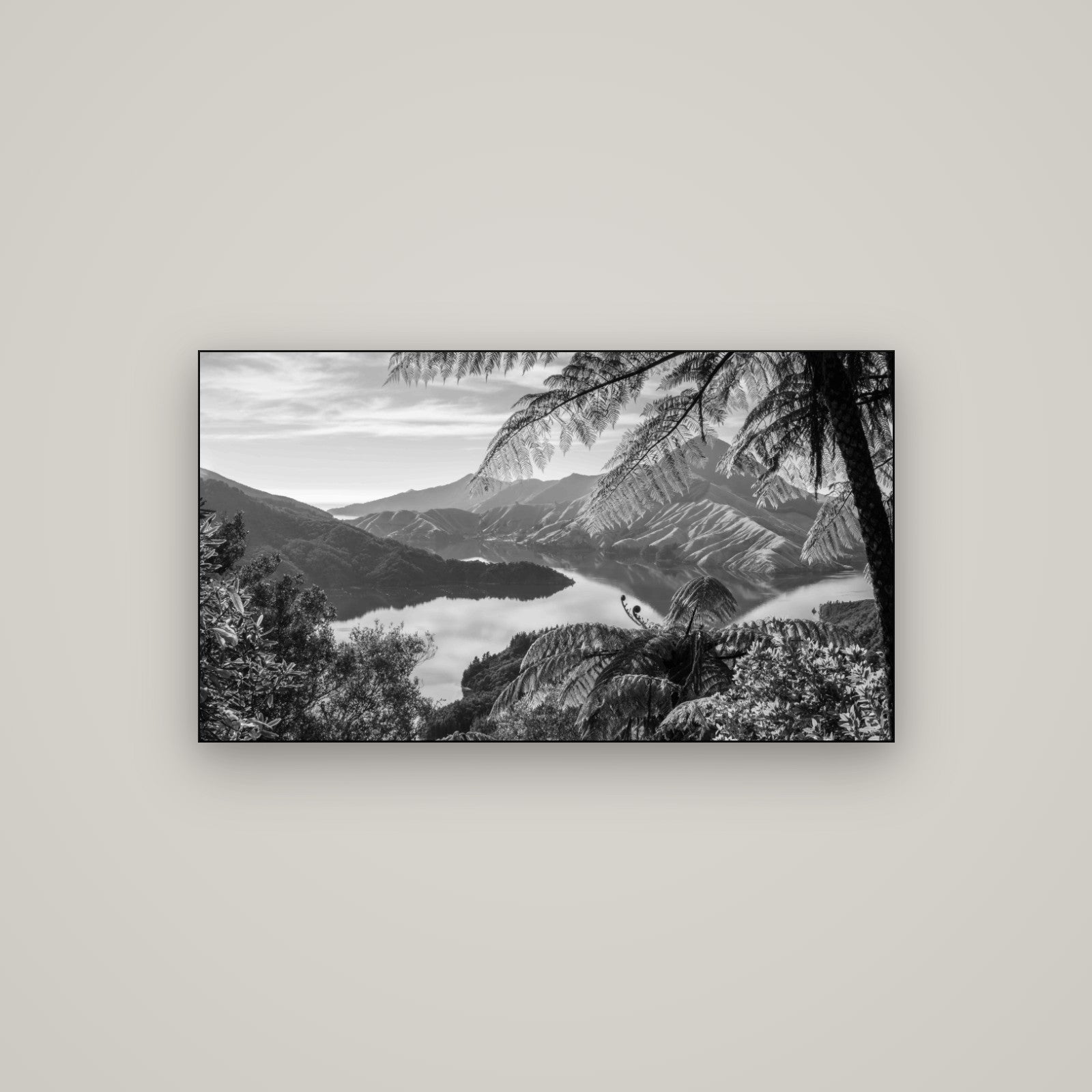 Nature's Window to Devils Staircase, Marlborough Sounds — Slimline Black, 107×60 cm. New Zealand fine art wall art by Stephen Milner.