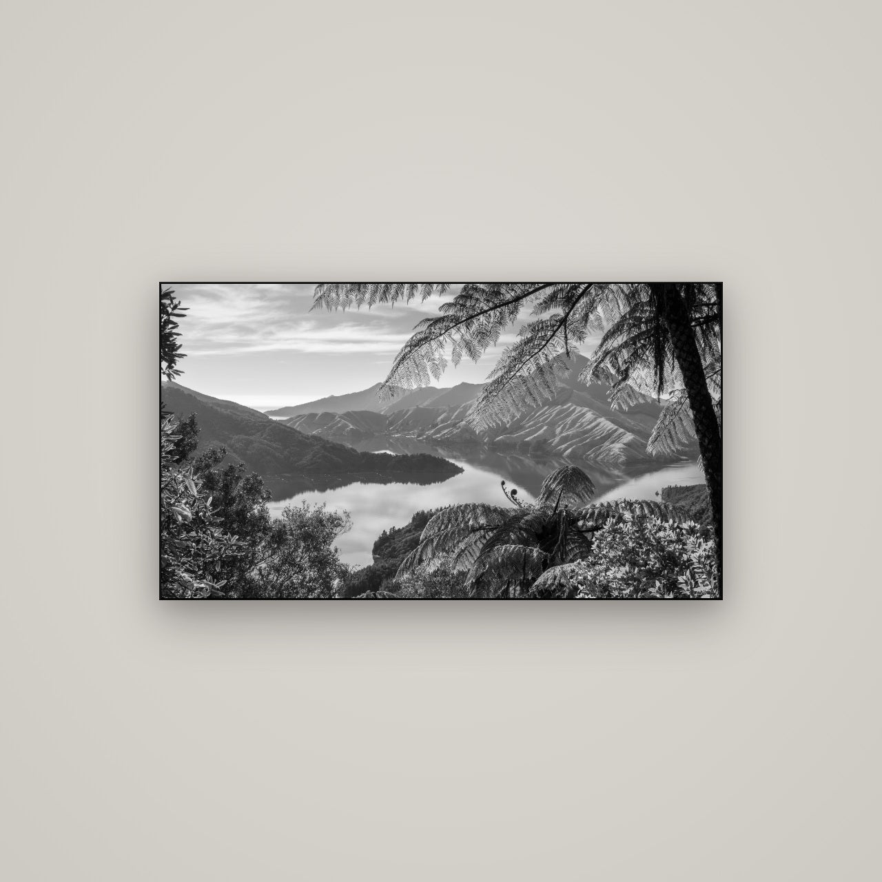 Nature's Window to Devils Staircase, Marlborough Sounds — Slimline Black, 107×60 cm. New Zealand fine art wall art by Stephen Milner.