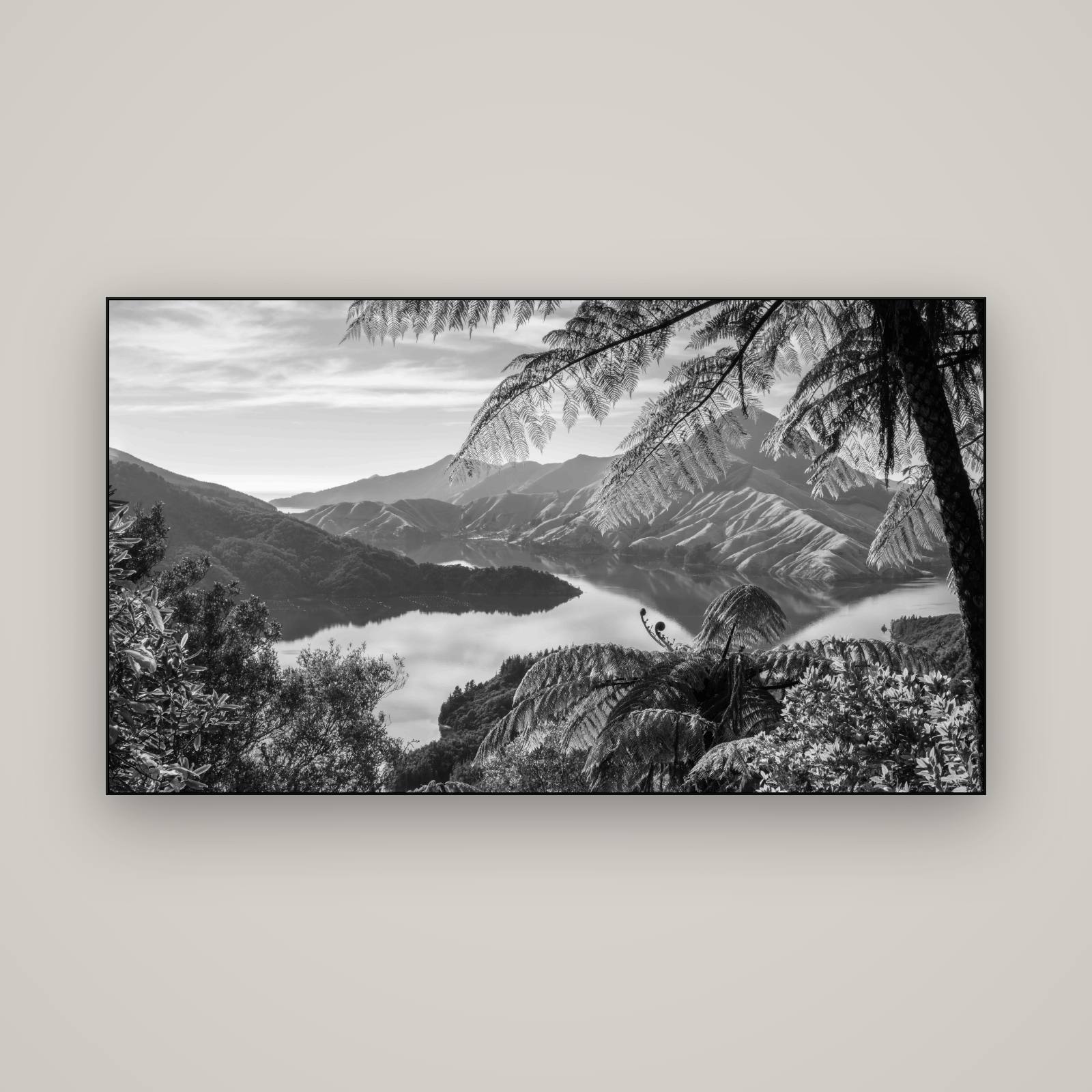 Nature's Window to Devils Staircase, Marlborough Sounds — Slimline Black, 160×90 cm. New Zealand fine art wall art by Stephen Milner.