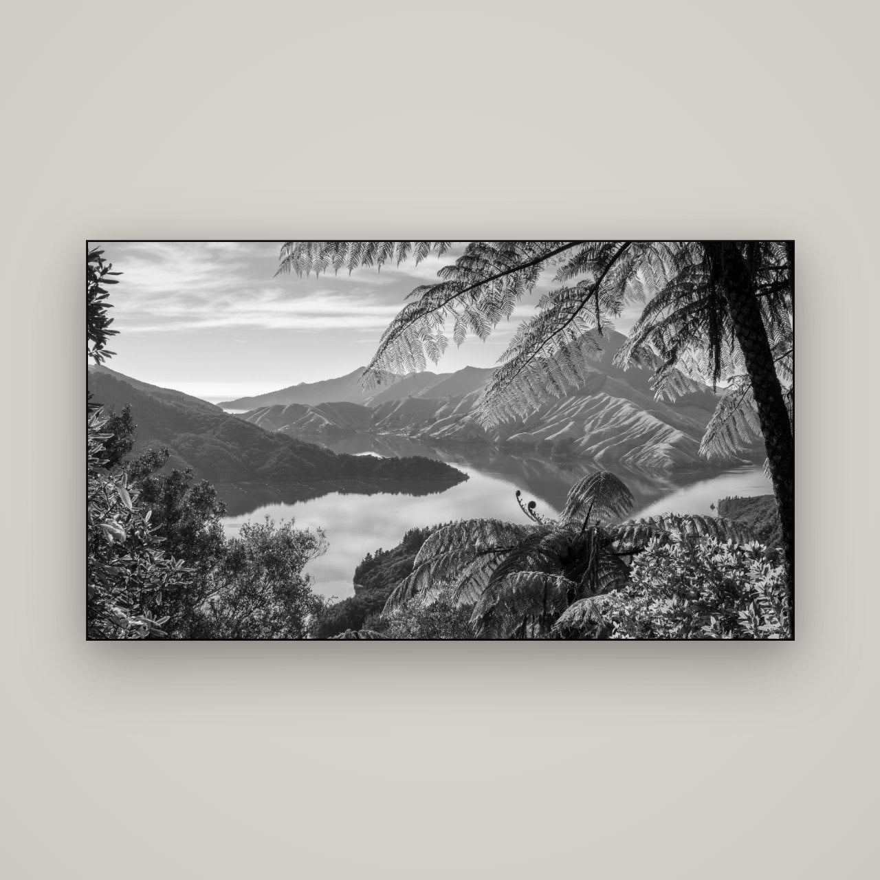 Nature's Window to Devils Staircase, Marlborough Sounds — Slimline Black, 160×90 cm. New Zealand fine art wall art by Stephen Milner.