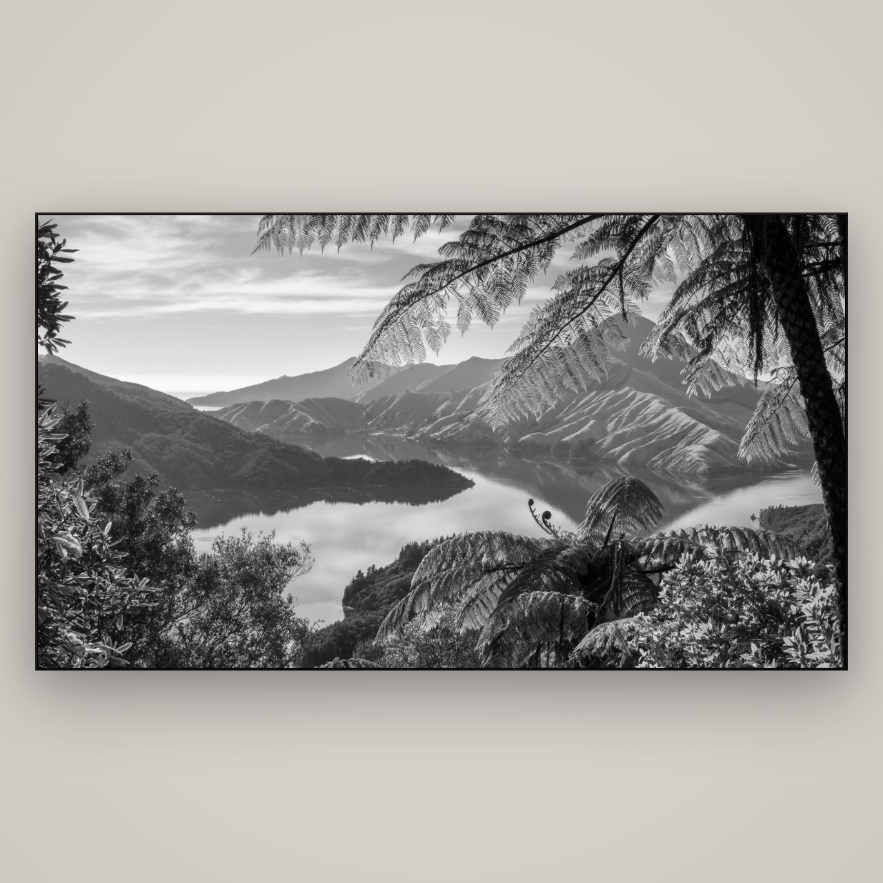 Nature's Window to Devils Staircase, Marlborough Sounds — Slimline Black, 196×110 cm. New Zealand fine art wall art by Stephen Milner.