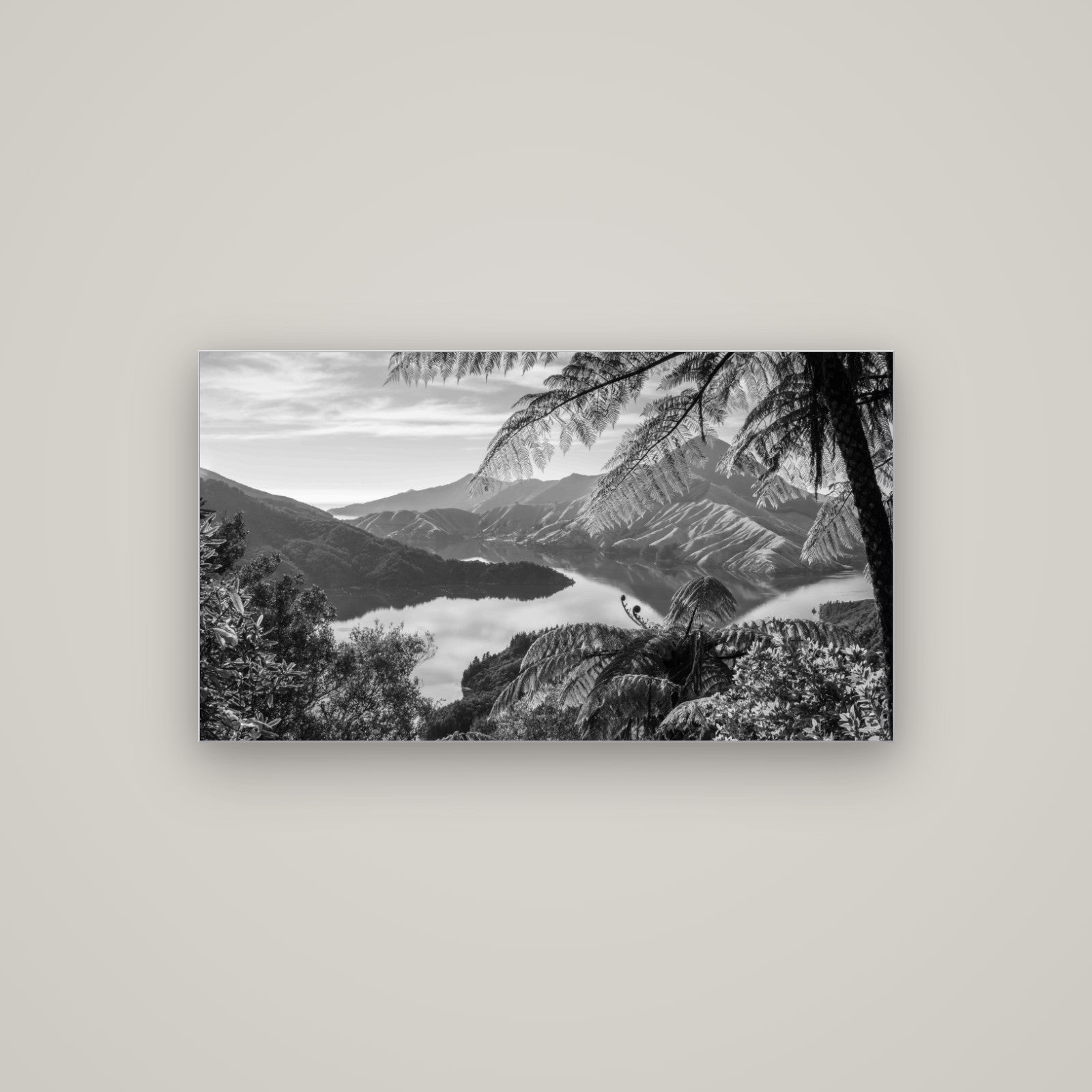 Nature's Window to Devils Staircase, Marlborough Sounds — Slimline Silver, 107×60 cm. New Zealand fine art wall art by Stephen Milner.