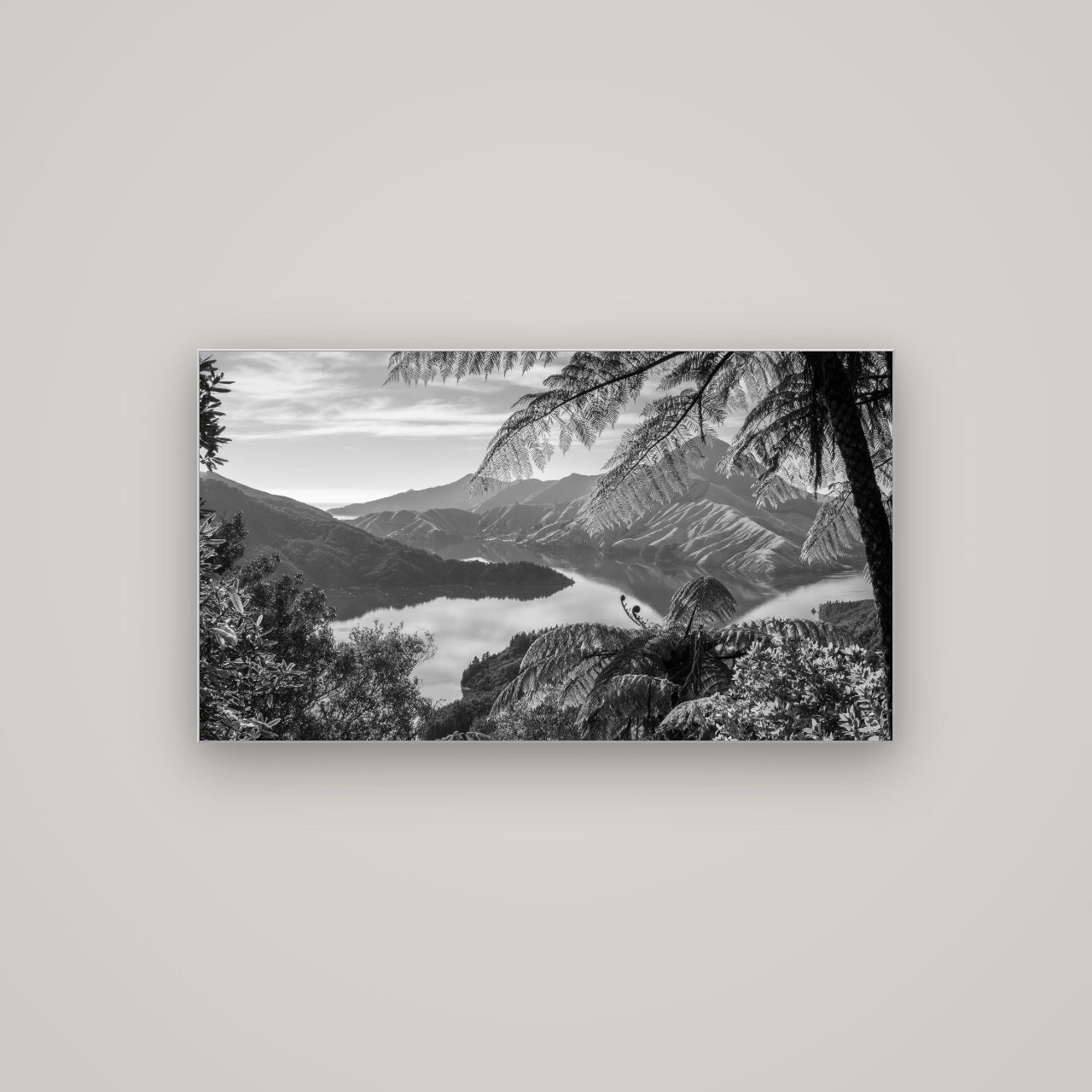 Nature's Window to Devils Staircase, Marlborough Sounds — Slimline Silver, 107×60 cm. New Zealand fine art wall art by Stephen Milner.
