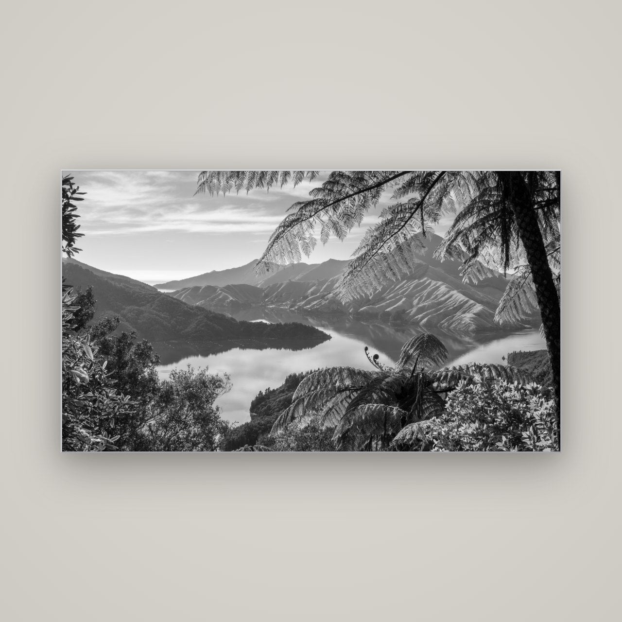 Nature's Window to Devils Staircase, Marlborough Sounds — Slimline Silver, 160×90 cm. New Zealand fine art wall art by Stephen Milner.