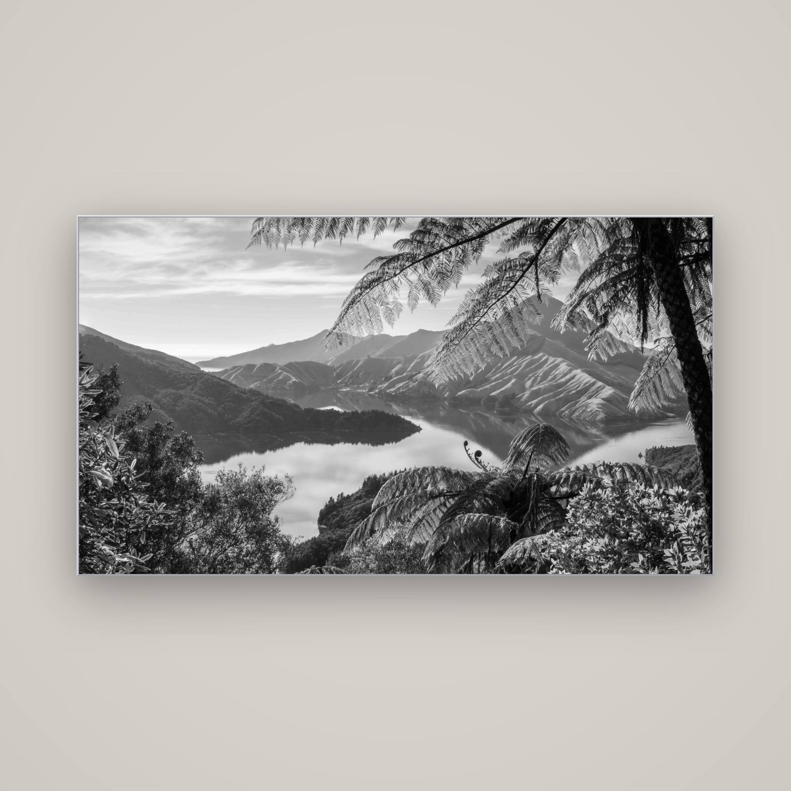 Nature's Window to Devils Staircase, Marlborough Sounds — Slimline Silver, 160×90 cm. New Zealand fine art wall art by Stephen Milner.