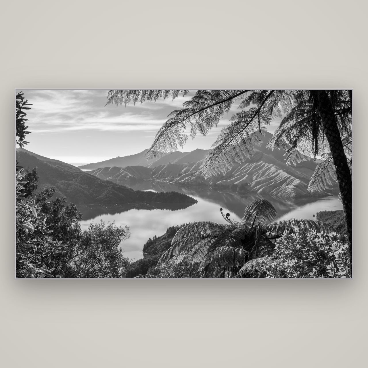 Nature's Window to Devils Staircase, Marlborough Sounds — Slimline Silver, 196×110 cm. New Zealand fine art wall art by Stephen Milner.