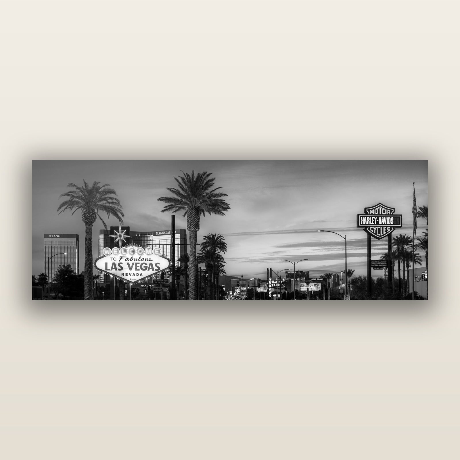 Neon Mirage, Sunset Dreams of Las Vegas, black and white frameless acrylic glass print. New Zealand fine art photography by Stephen Milner.