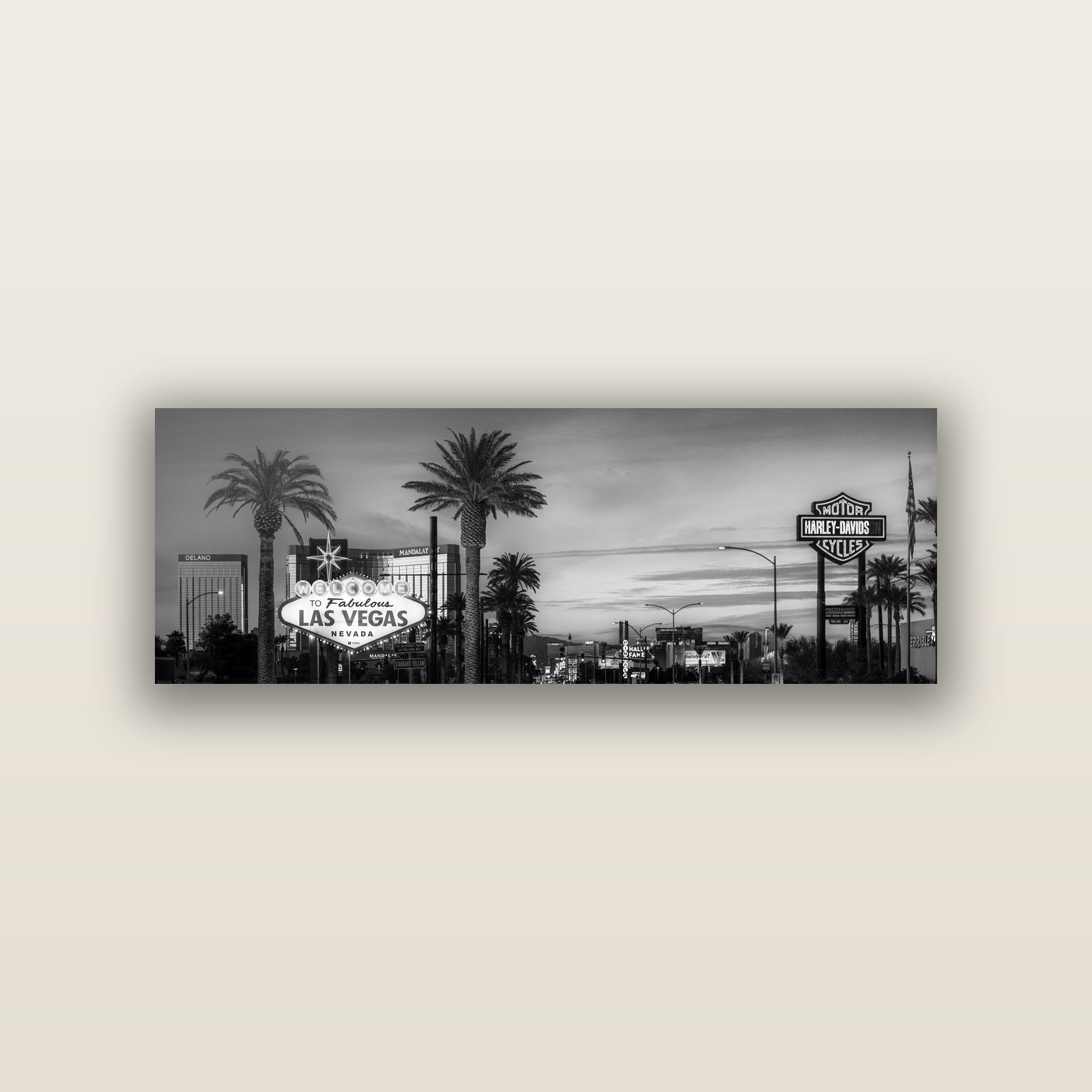 Neon Mirage, Sunset Dreams of Las Vegas — acrylic panel print, small 76 × 25 cm. New Zealand fine art landscape wall art by Stephen Milner.