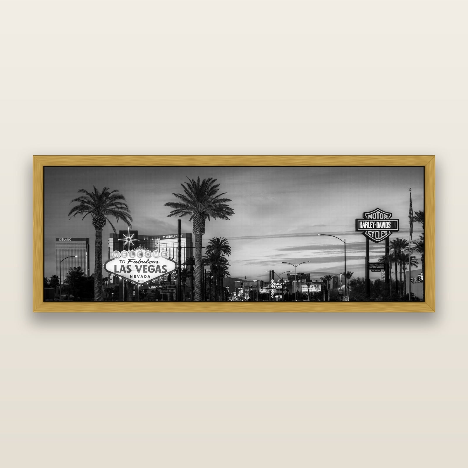 Neon Mirage, Sunset Dreams of Las Vegas, black and white framed metallic canvas print, Antique Gold frame. New Zealand fine art wall art by Stephen Milner.