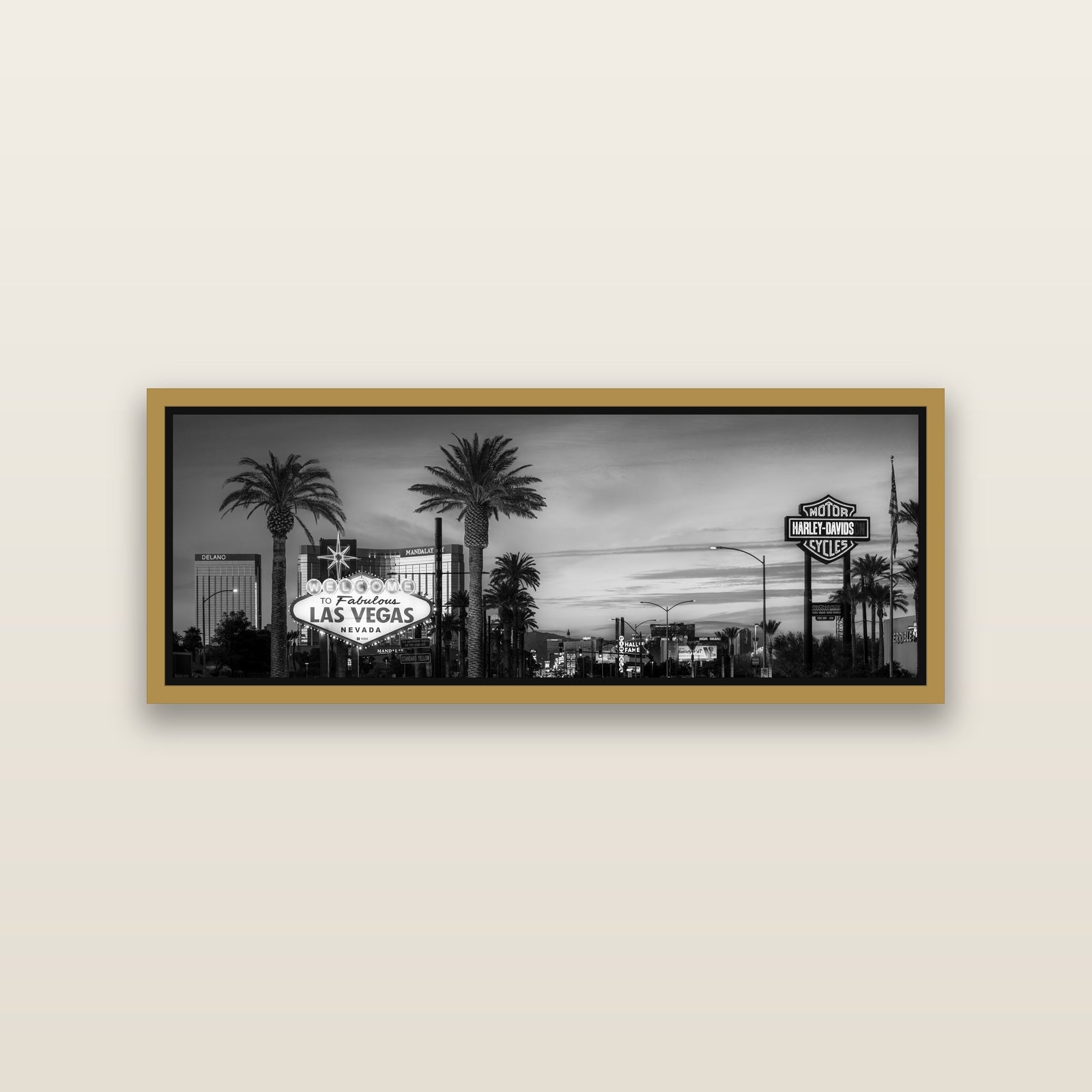 Neon Mirage, Sunset Dreams of Las Vegas — Antique Gold framed metallic canvas print, small 86 × 30 cm. New Zealand fine art landscape wall art by Stephen Milner.