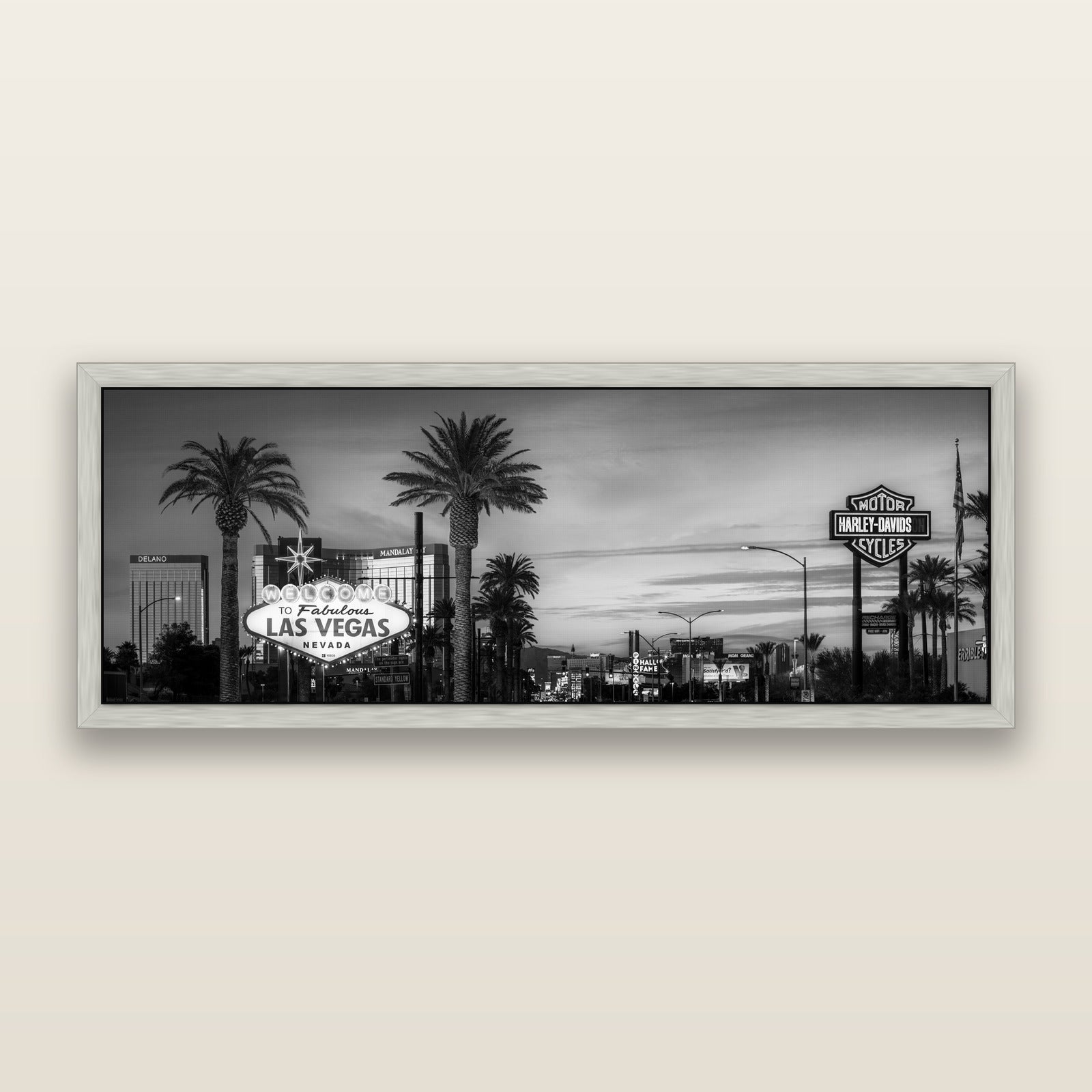Neon Mirage, Sunset Dreams of Las Vegas, black and white framed metallic canvas print, Antique Silver frame. New Zealand fine art wall art by Stephen Milner.