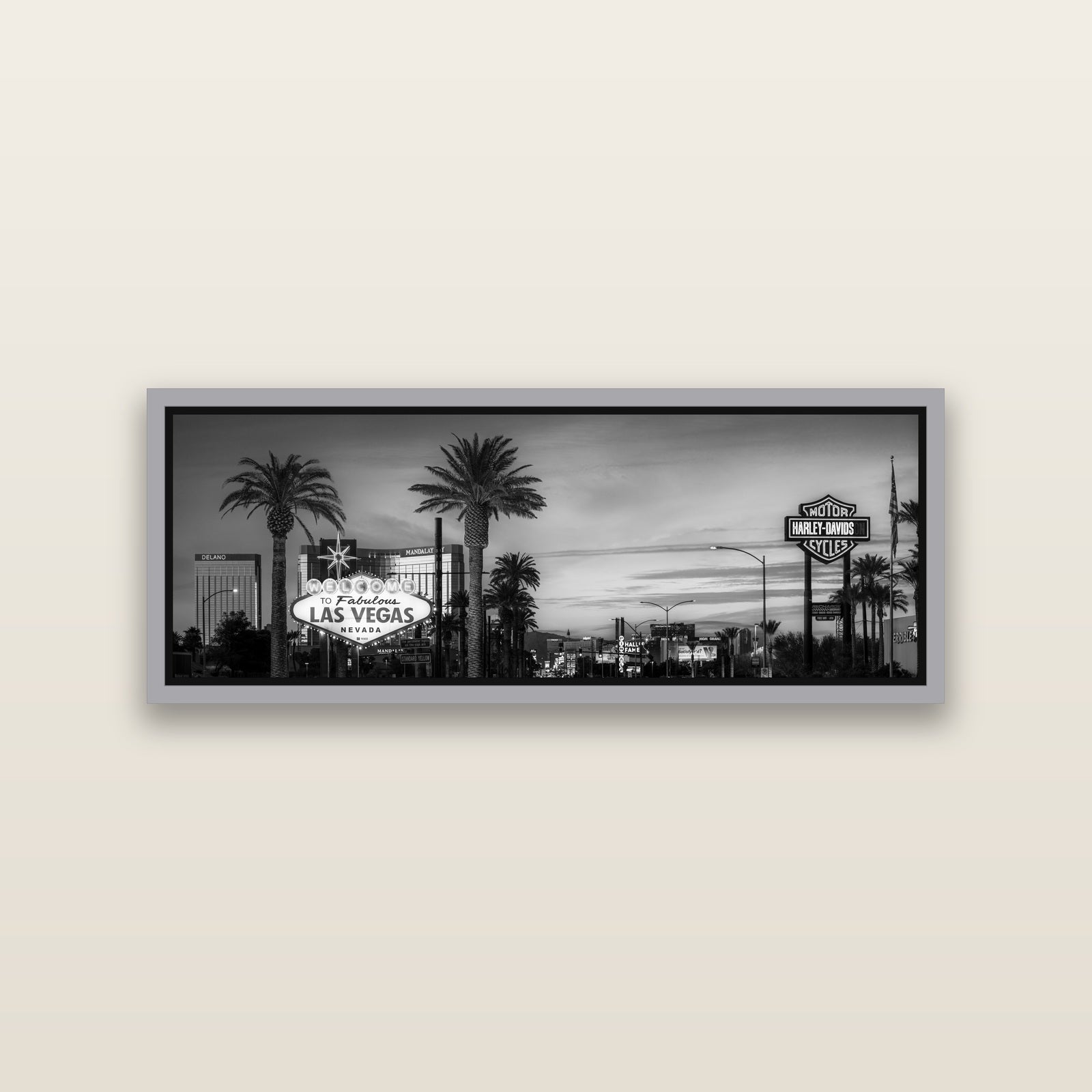 Neon Mirage, Sunset Dreams of Las Vegas — Antique Silver framed metallic canvas print, small 86 × 30 cm. New Zealand fine art landscape wall art by Stephen Milner.