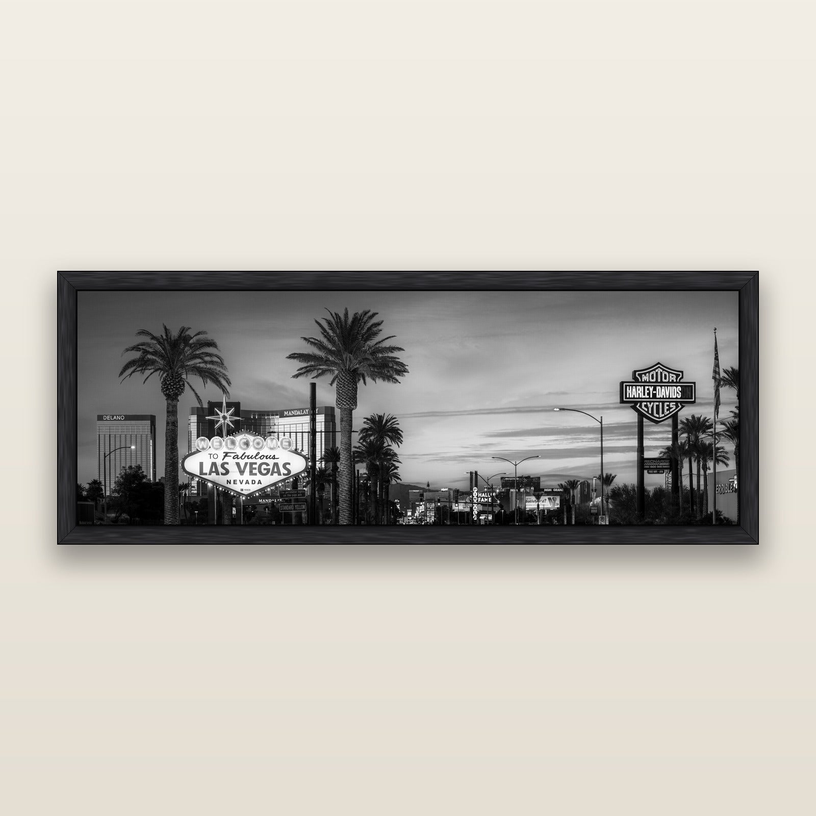 Neon Mirage, Sunset Dreams of Las Vegas, black and white framed metallic canvas print, Black frame. New Zealand fine art wall art by Stephen Milner.