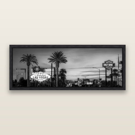 Neon Mirage, Sunset Dreams of Las Vegas, black and white framed metallic canvas print, Black frame. New Zealand fine art wall art by Stephen Milner.