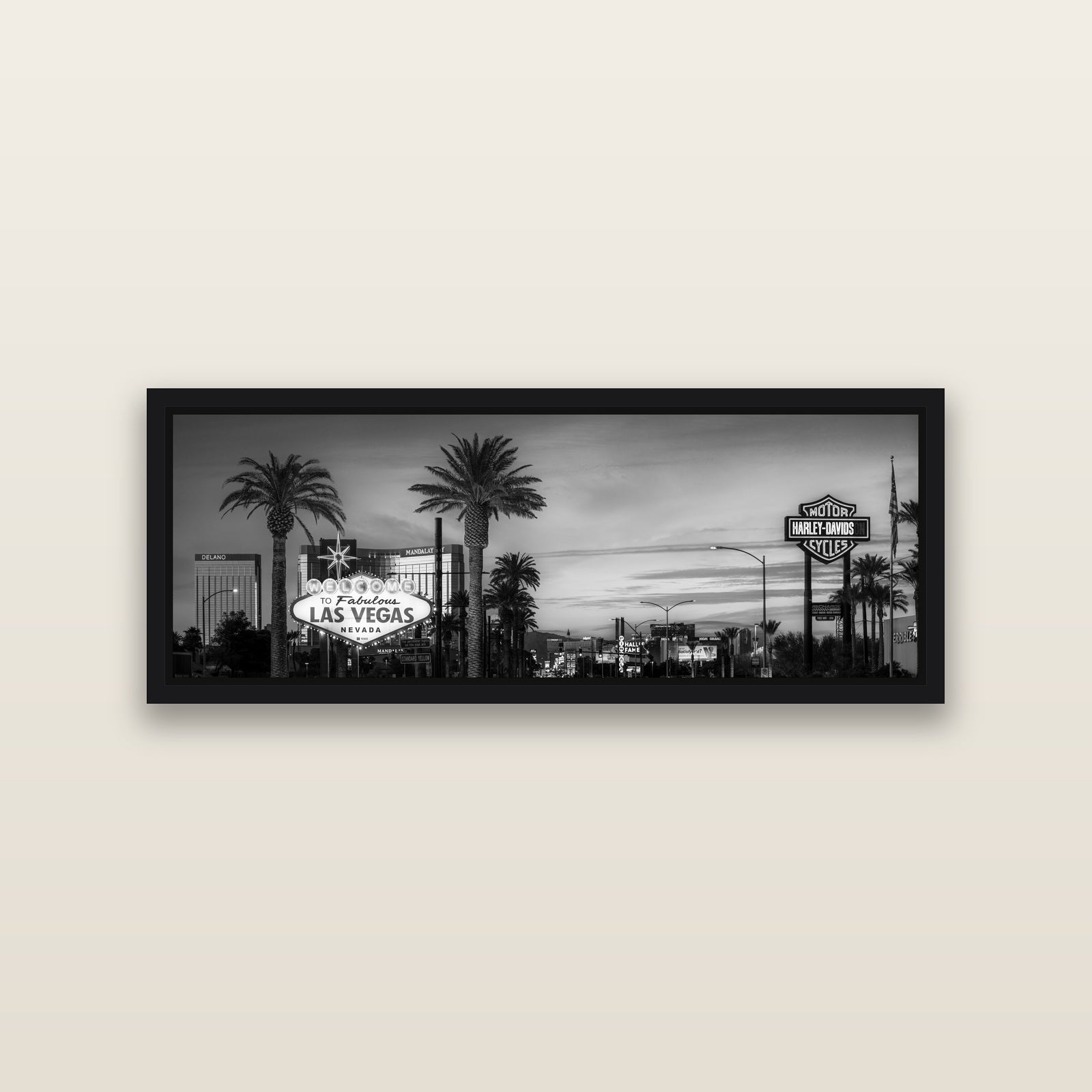 Neon Mirage, Sunset Dreams of Las Vegas — Black framed metallic canvas print, small 86 × 30 cm. New Zealand fine art landscape wall art by Stephen Milner.
