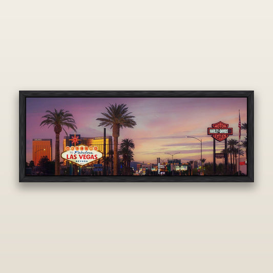 Neon Mirage, Sunset Dreams of Las Vegas — framed metallic canvas print, Black frame. New Zealand fine art landscape wall art by Stephen Milner.