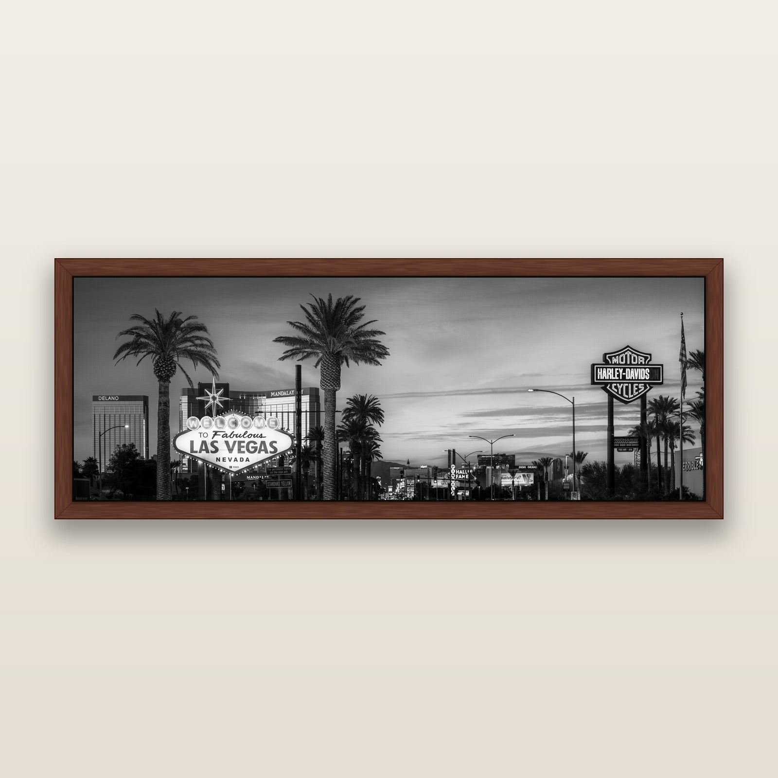 Neon Mirage, Sunset Dreams of Las Vegas, black and white framed metallic canvas print, Brown frame. New Zealand fine art wall art by Stephen Milner.