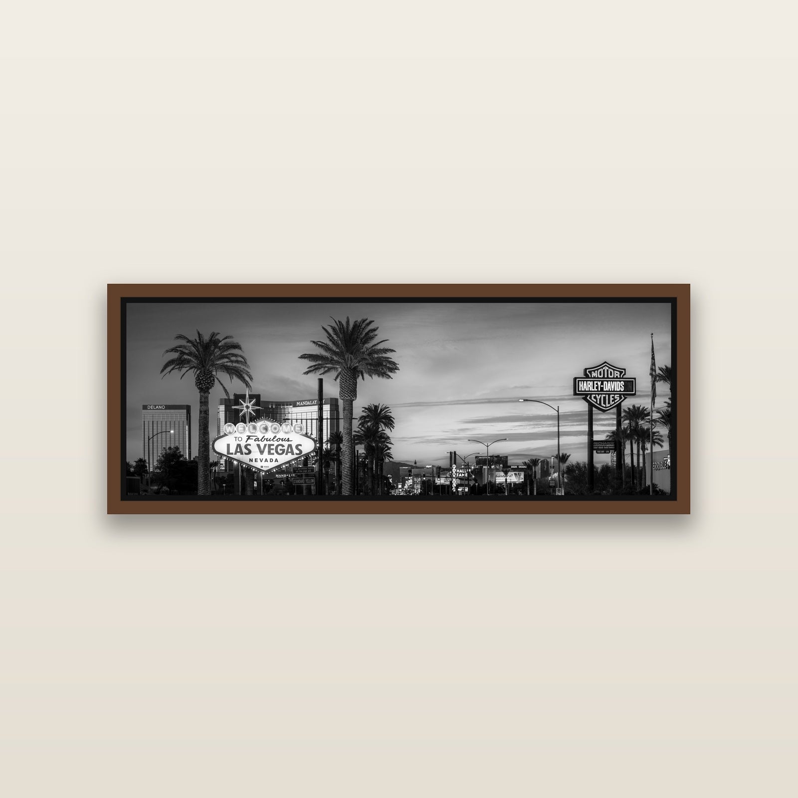 Neon Mirage, Sunset Dreams of Las Vegas — Brown framed metallic canvas print, small 86 × 30 cm. New Zealand fine art landscape wall art by Stephen Milner.