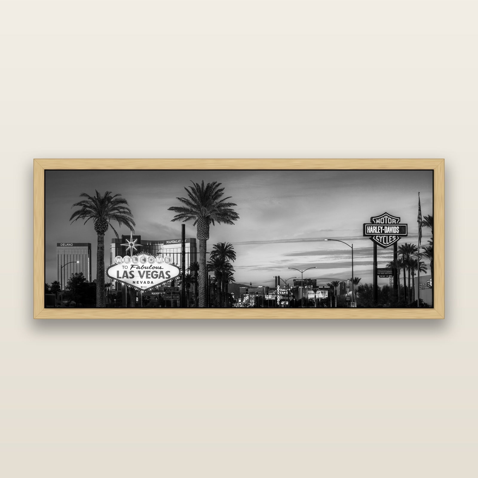 Neon Mirage, Sunset Dreams of Las Vegas, black and white framed metallic canvas print, Natural frame. New Zealand fine art wall art by Stephen Milner.
