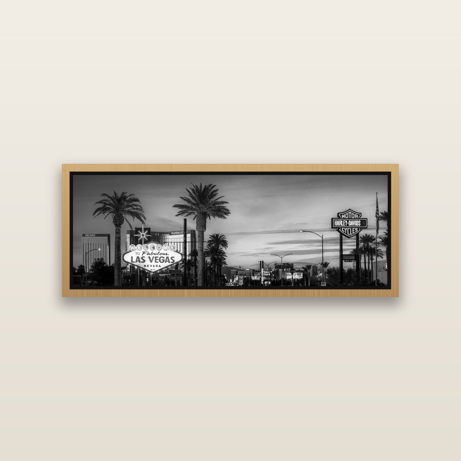 Neon Mirage, Sunset Dreams of Las Vegas — Natural framed metallic canvas print, small 86 × 30 cm. New Zealand fine art landscape wall art by Stephen Milner.
