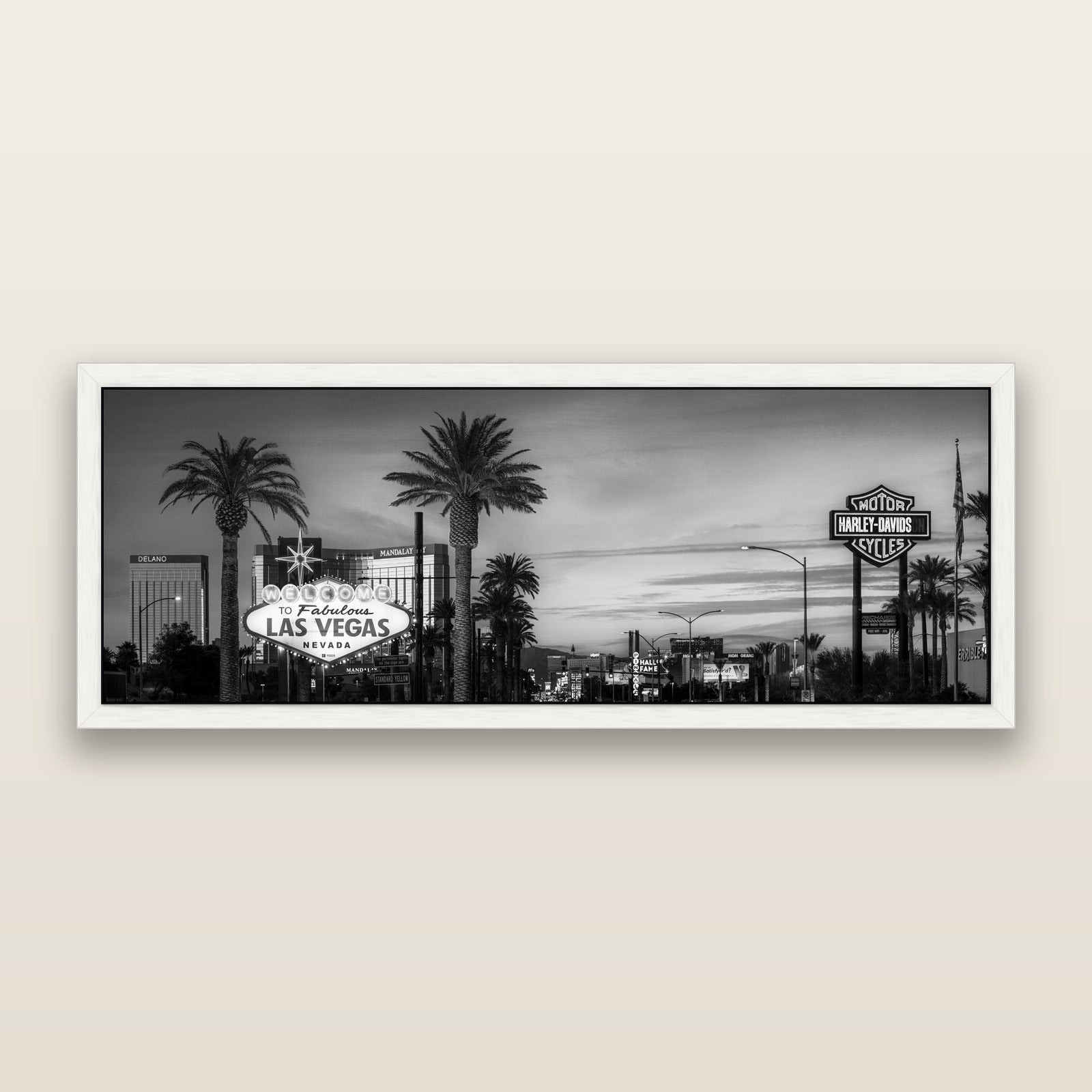 Neon Mirage, Sunset Dreams of Las Vegas, black and white framed metallic canvas print, White frame. New Zealand fine art wall art by Stephen Milner.