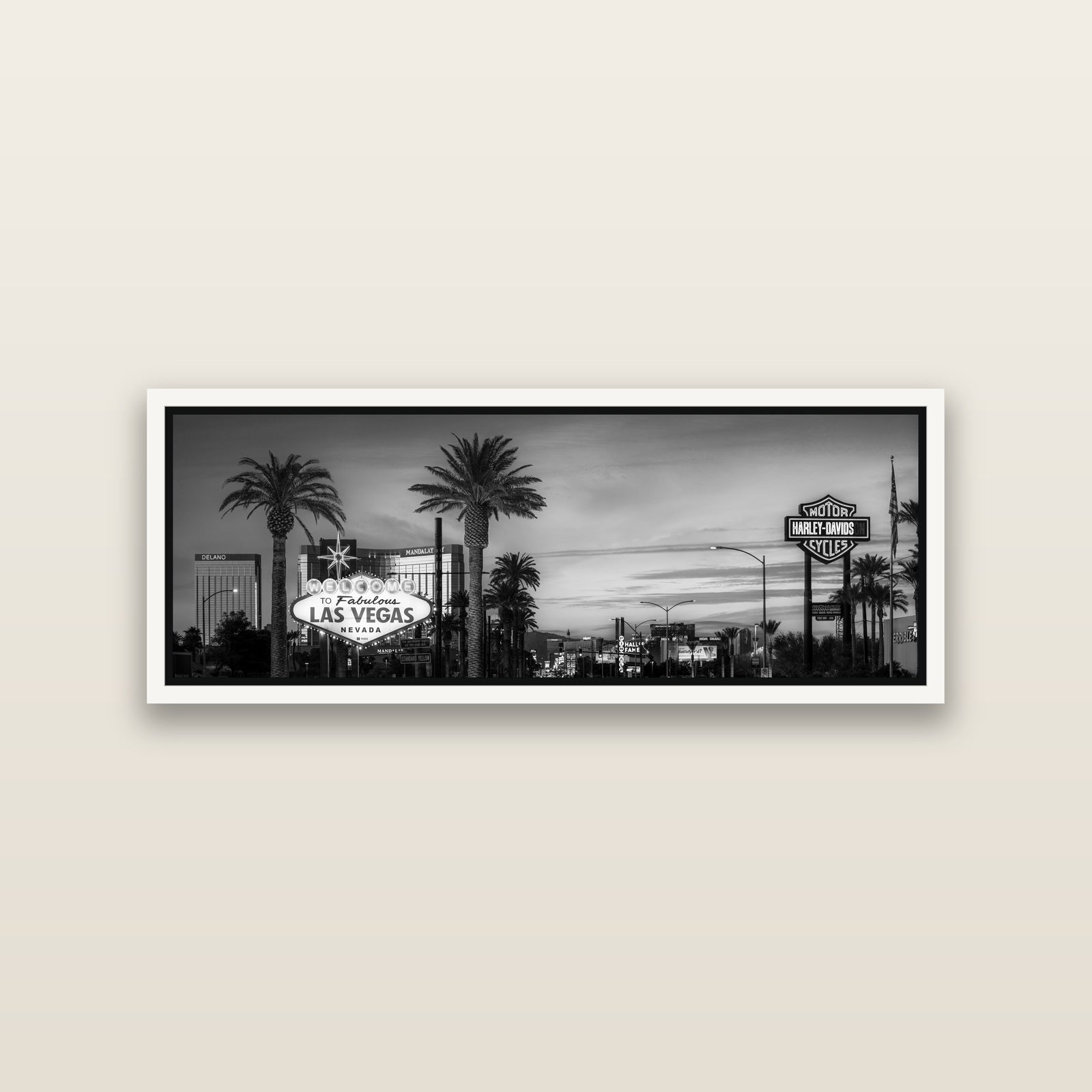 Neon Mirage, Sunset Dreams of Las Vegas — White framed metallic canvas print, small 86 × 30 cm. New Zealand fine art landscape wall art by Stephen Milner.