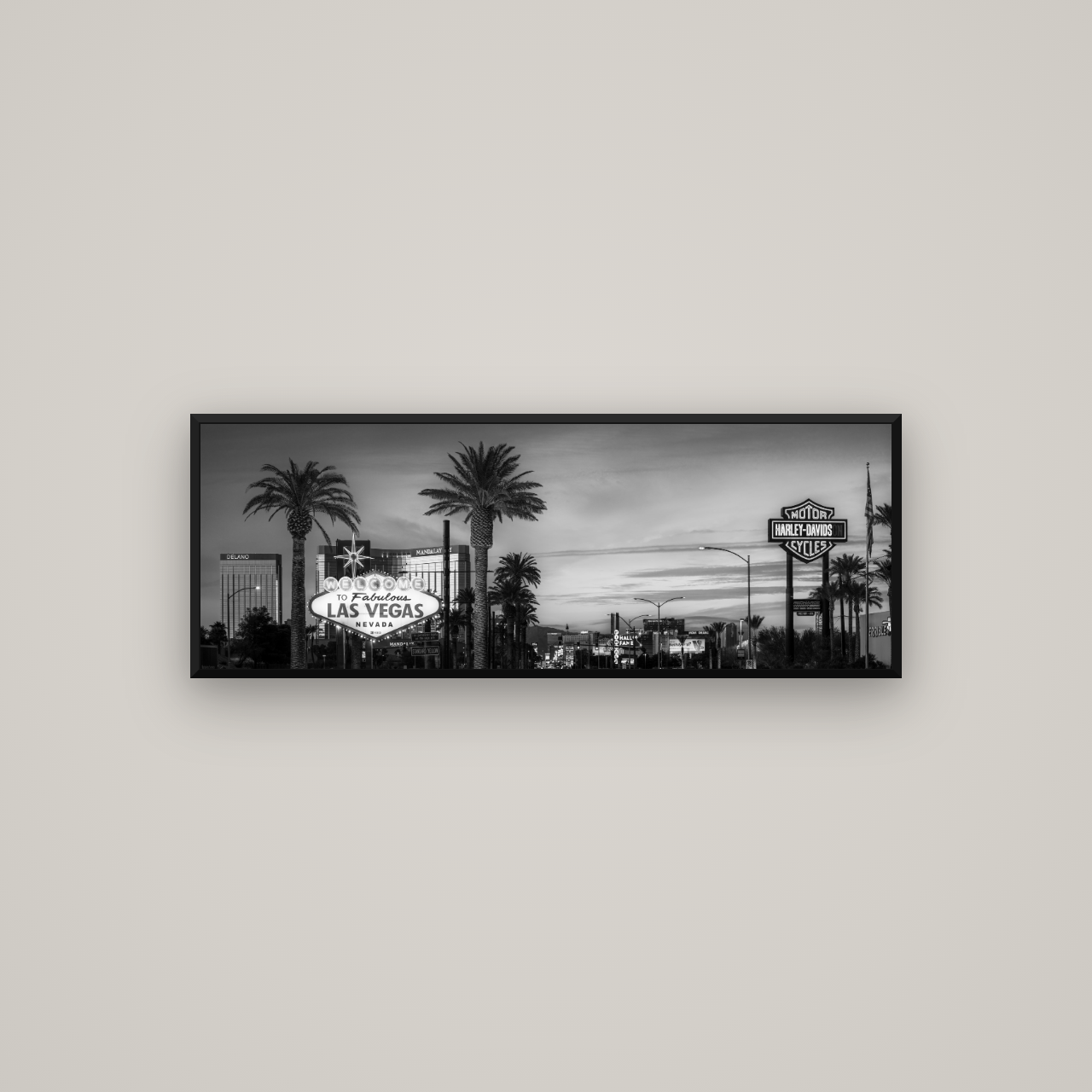 Neon Mirage, Sunset Dreams of Las Vegas — Basel Black Matte, 113×40 cm. New Zealand fine art wall art by Stephen Milner.