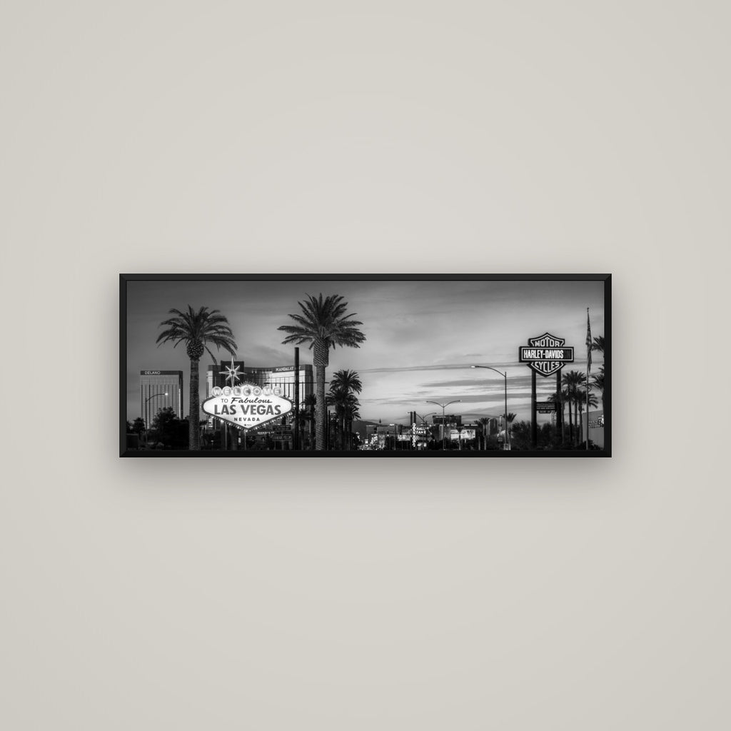 Neon Mirage, Sunset Dreams of Las Vegas — Basel Black Matte, 113×40 cm. New Zealand fine art wall art by Stephen Milner.
