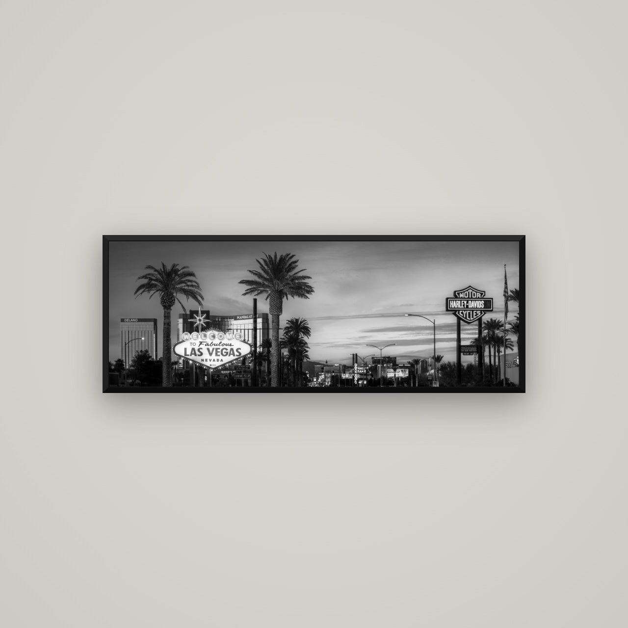 Neon Mirage, Sunset Dreams of Las Vegas — Basel Black, 113×40 cm. New Zealand fine art wall art by Stephen Milner.