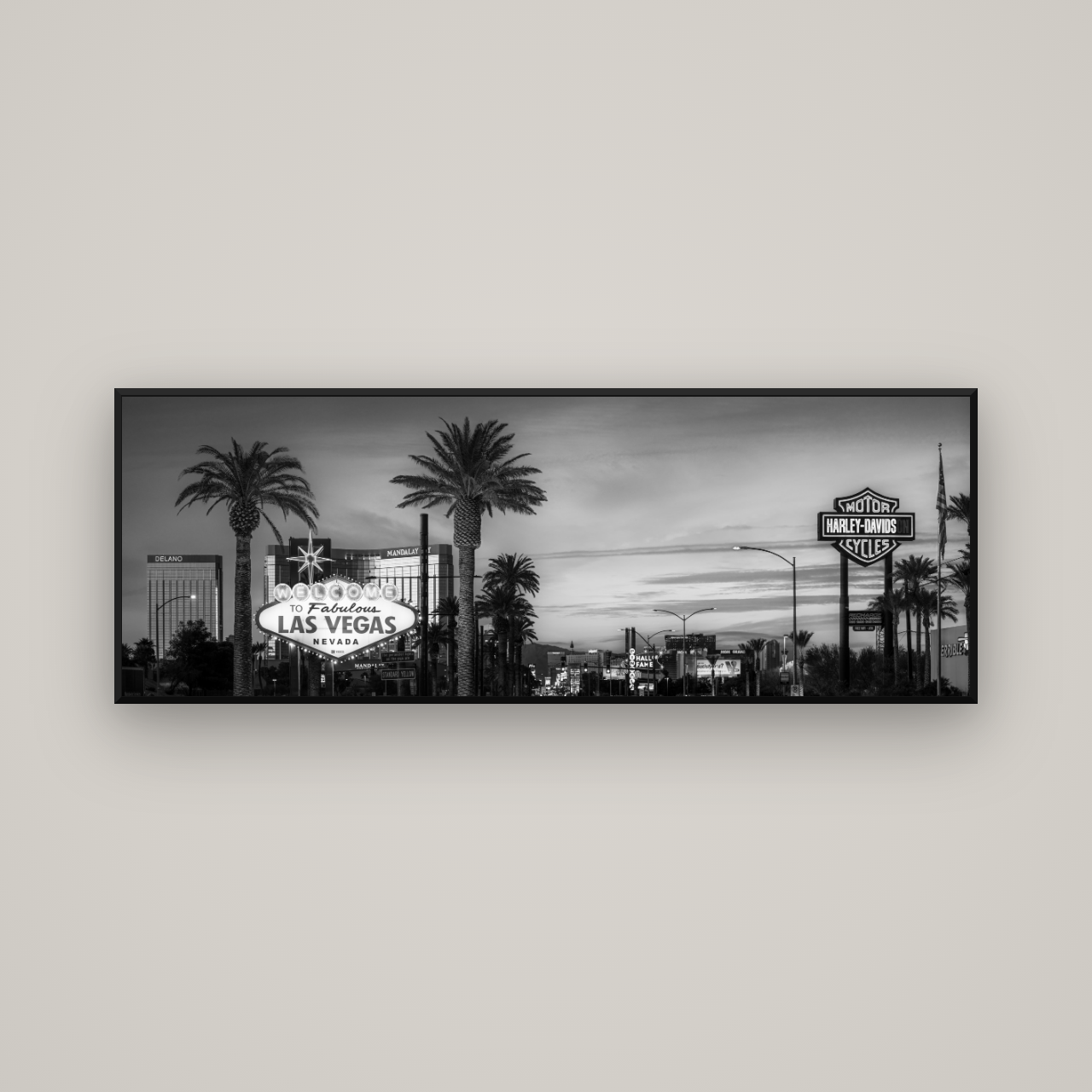 Neon Mirage, Sunset Dreams of Las Vegas — Basel Black Matte, 170×60 cm. New Zealand fine art wall art by Stephen Milner.