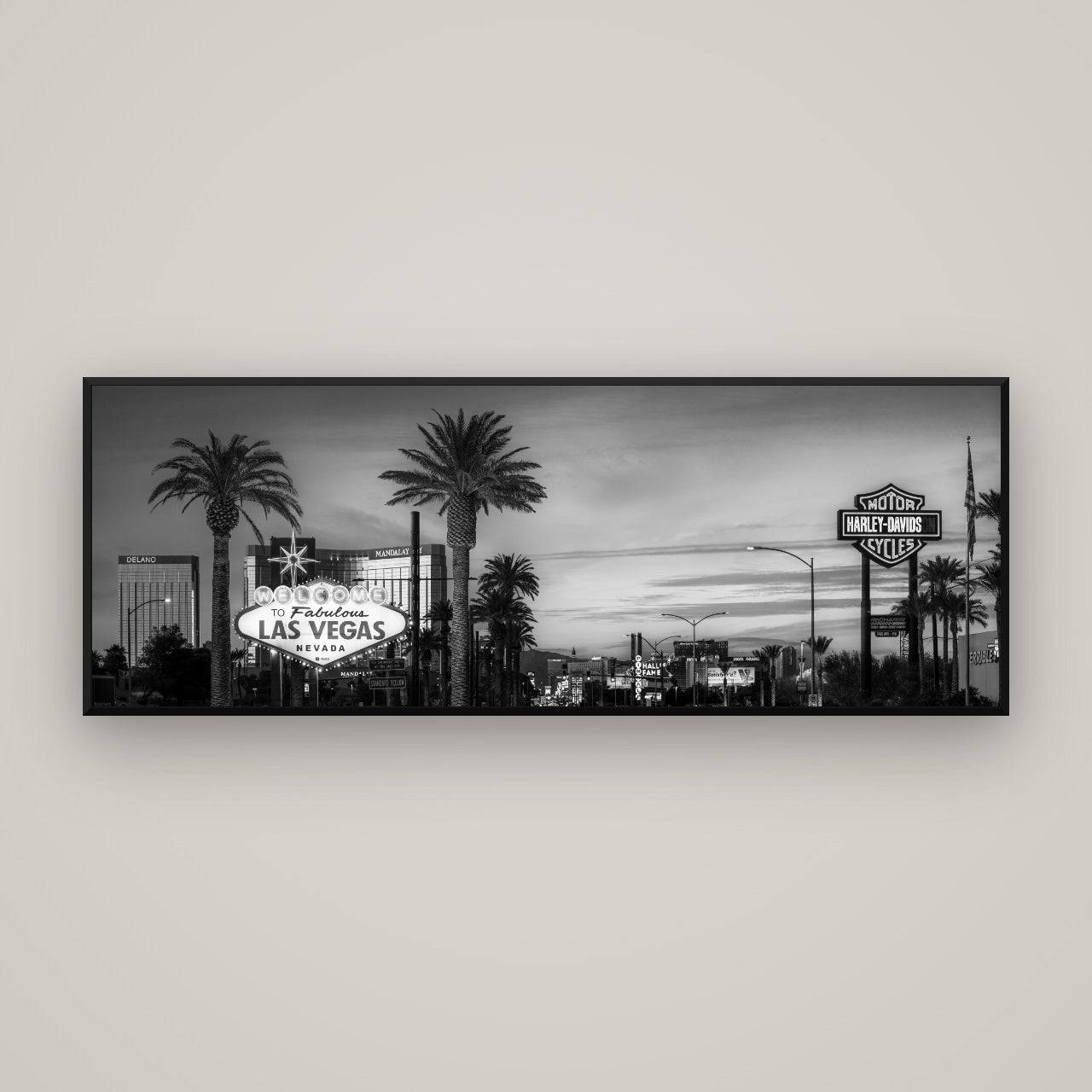 Neon Mirage, Sunset Dreams of Las Vegas — Basel Black, 170×60 cm. New Zealand fine art wall art by Stephen Milner.