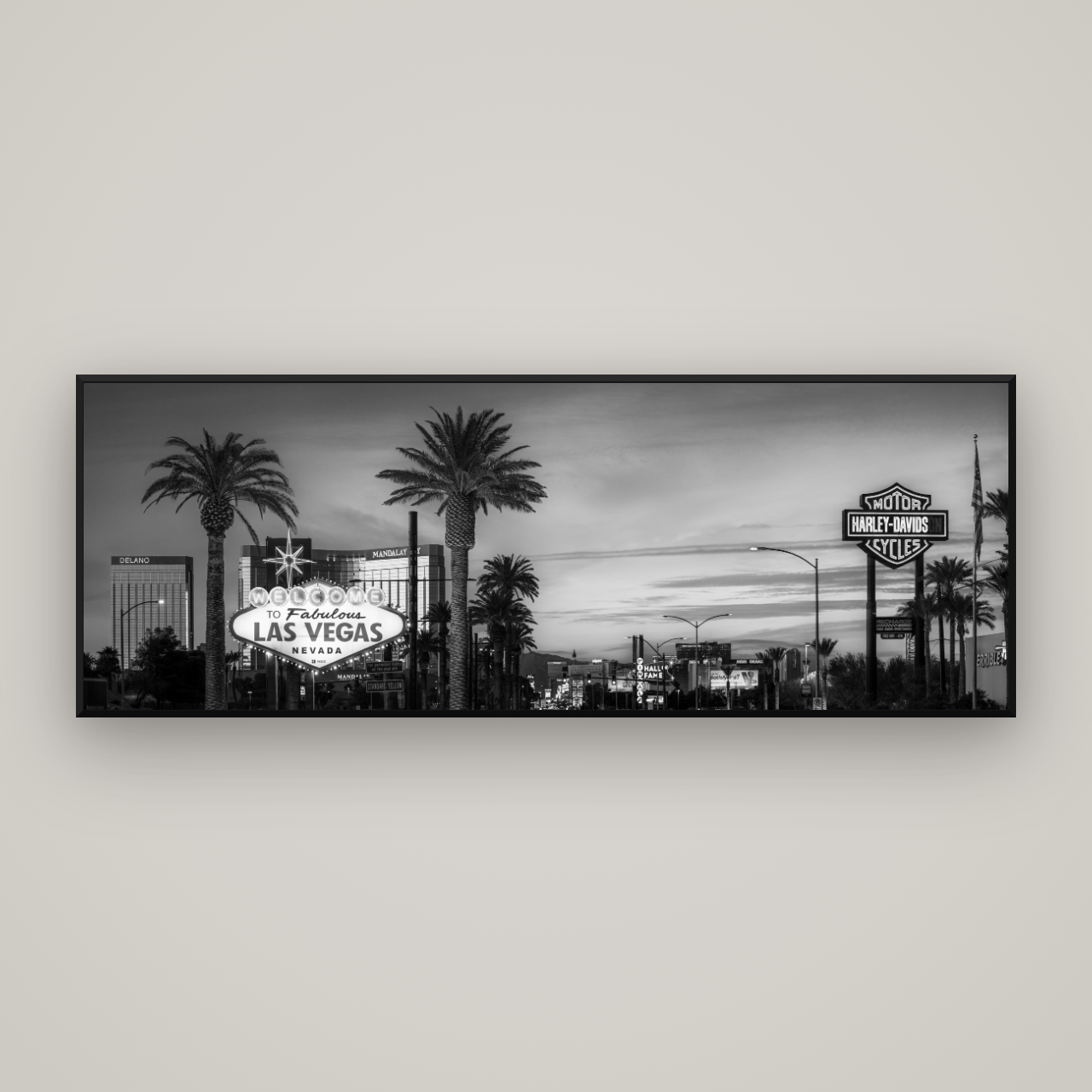 Neon Mirage, Sunset Dreams of Las Vegas — Basel Black Matte, 198×70 cm. New Zealand fine art wall art by Stephen Milner.