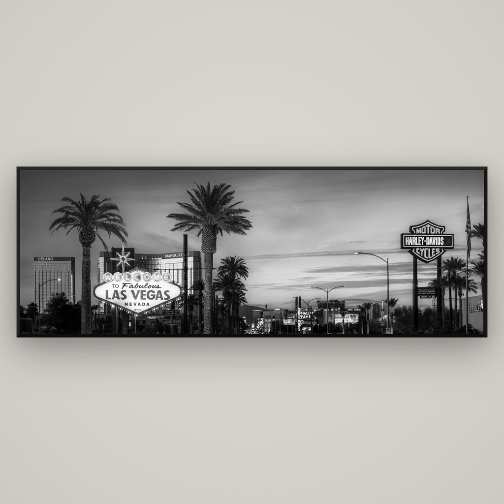 Neon Mirage, Sunset Dreams of Las Vegas — Basel Black, 198×70 cm. New Zealand fine art wall art by Stephen Milner.