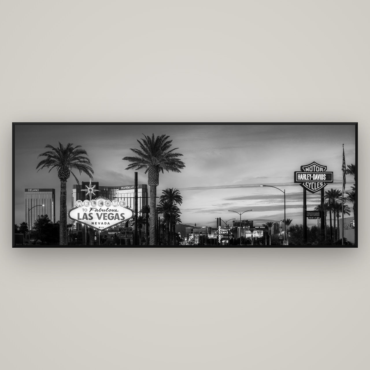 Neon Mirage, Sunset Dreams of Las Vegas — Basel Black, 198×70 cm. New Zealand fine art wall art by Stephen Milner.