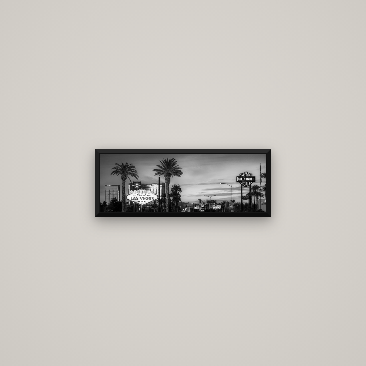 Neon Mirage, Sunset Dreams of Las Vegas — Basel Black Matte, 57×20 cm. New Zealand fine art wall art by Stephen Milner.