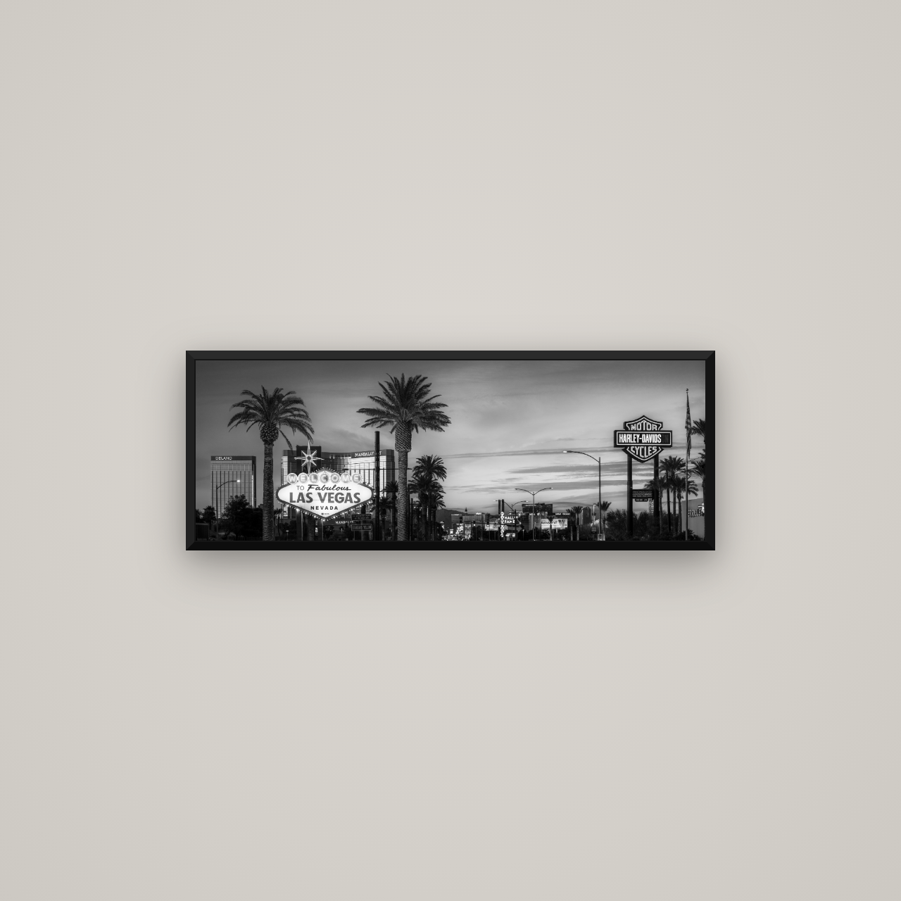 Neon Mirage, Sunset Dreams of Las Vegas — Basel Black Matte, 85×30 cm. New Zealand fine art wall art by Stephen Milner.