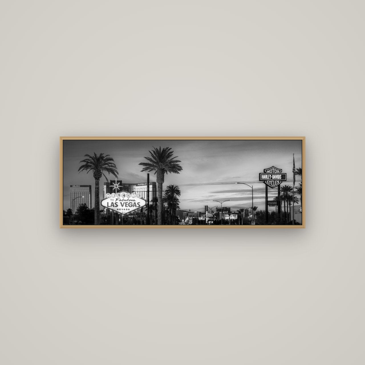 Neon Mirage, Sunset Dreams of Las Vegas, Basel Natural Oak, 113×40 cm. New Zealand fine art wall art by Stephen Milner.