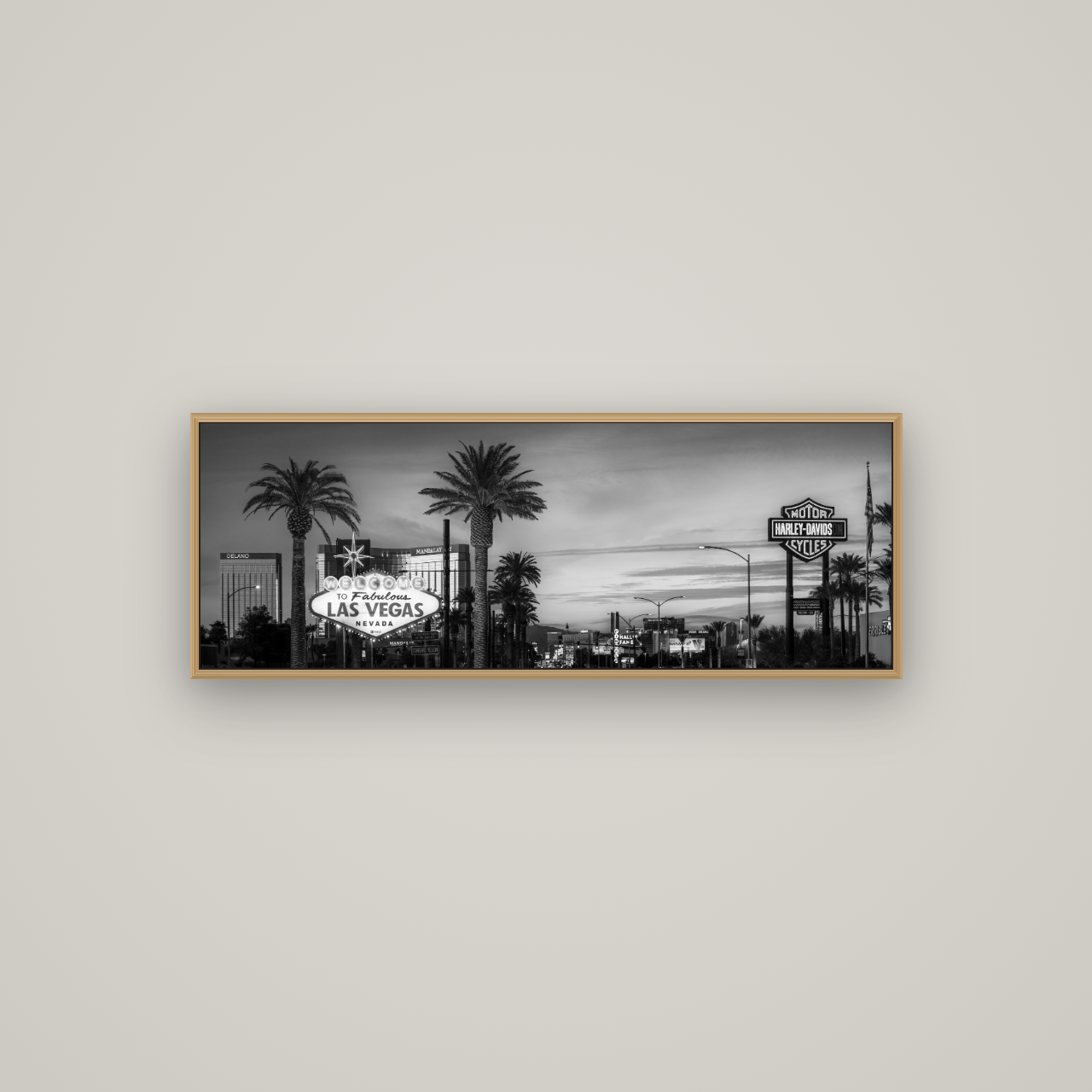 Neon Mirage, Sunset Dreams of Las Vegas, Basel Natural Oak, 113×40 cm. New Zealand fine art wall art by Stephen Milner.